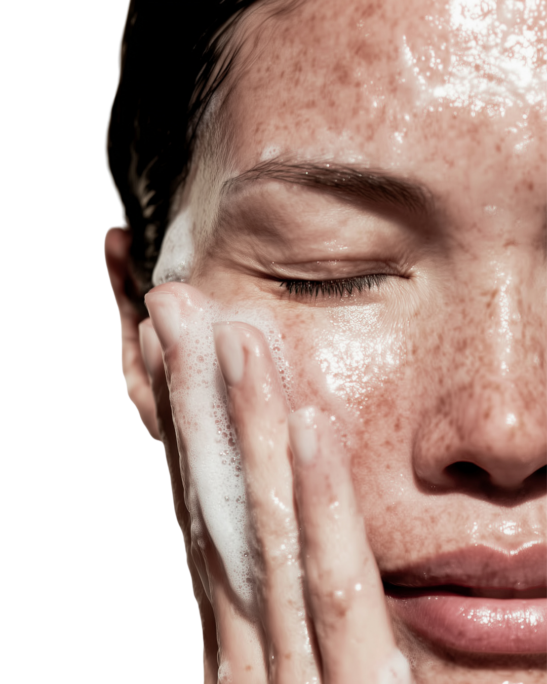A person washing their face with soap, with eyes closed and soap lather on their hand and face.