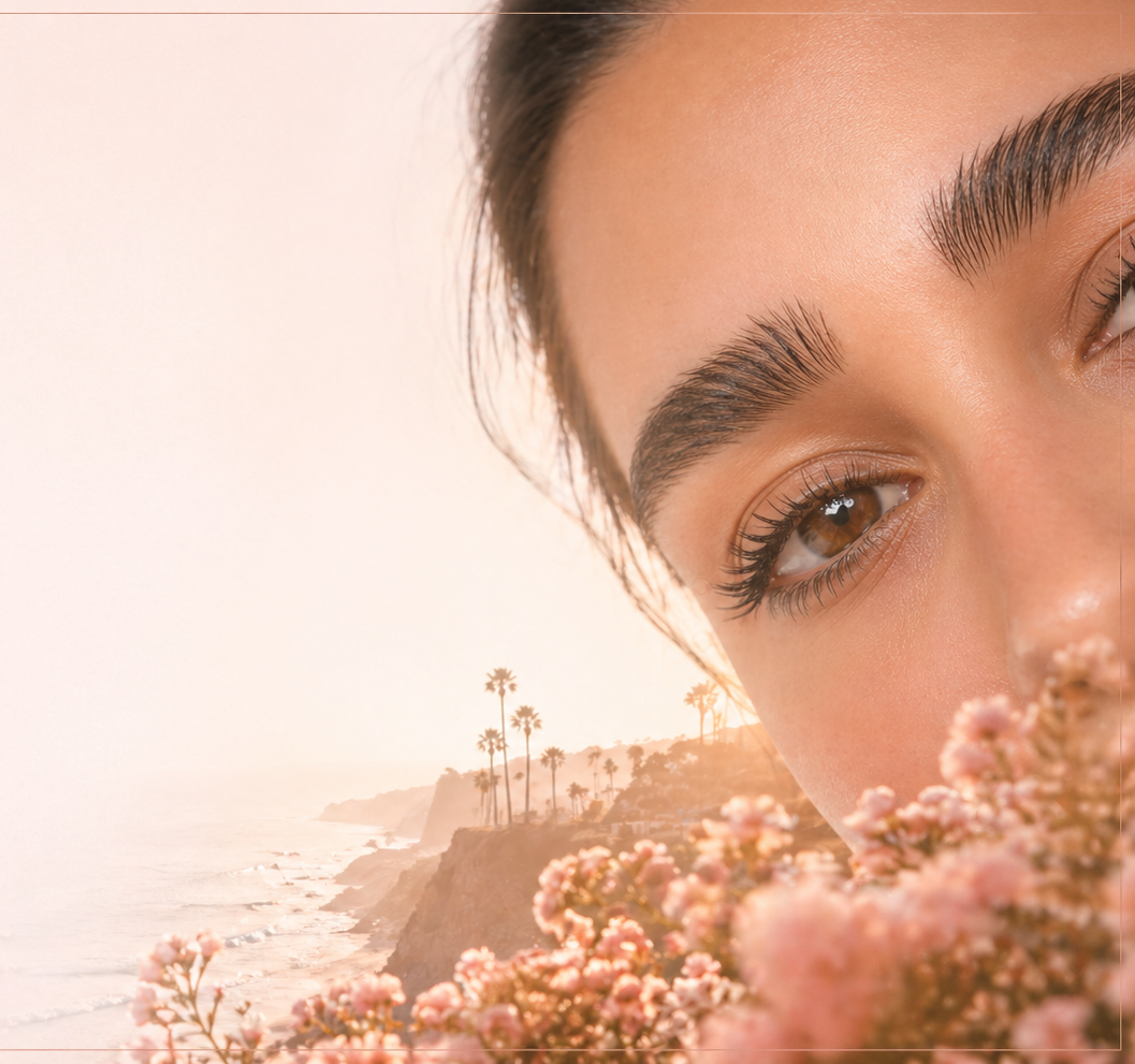 Close-up of a woman's face with brown eyes and groomed eyebrows, partly obscured by pink flowers, with a coastal landscape and palm trees in the background.