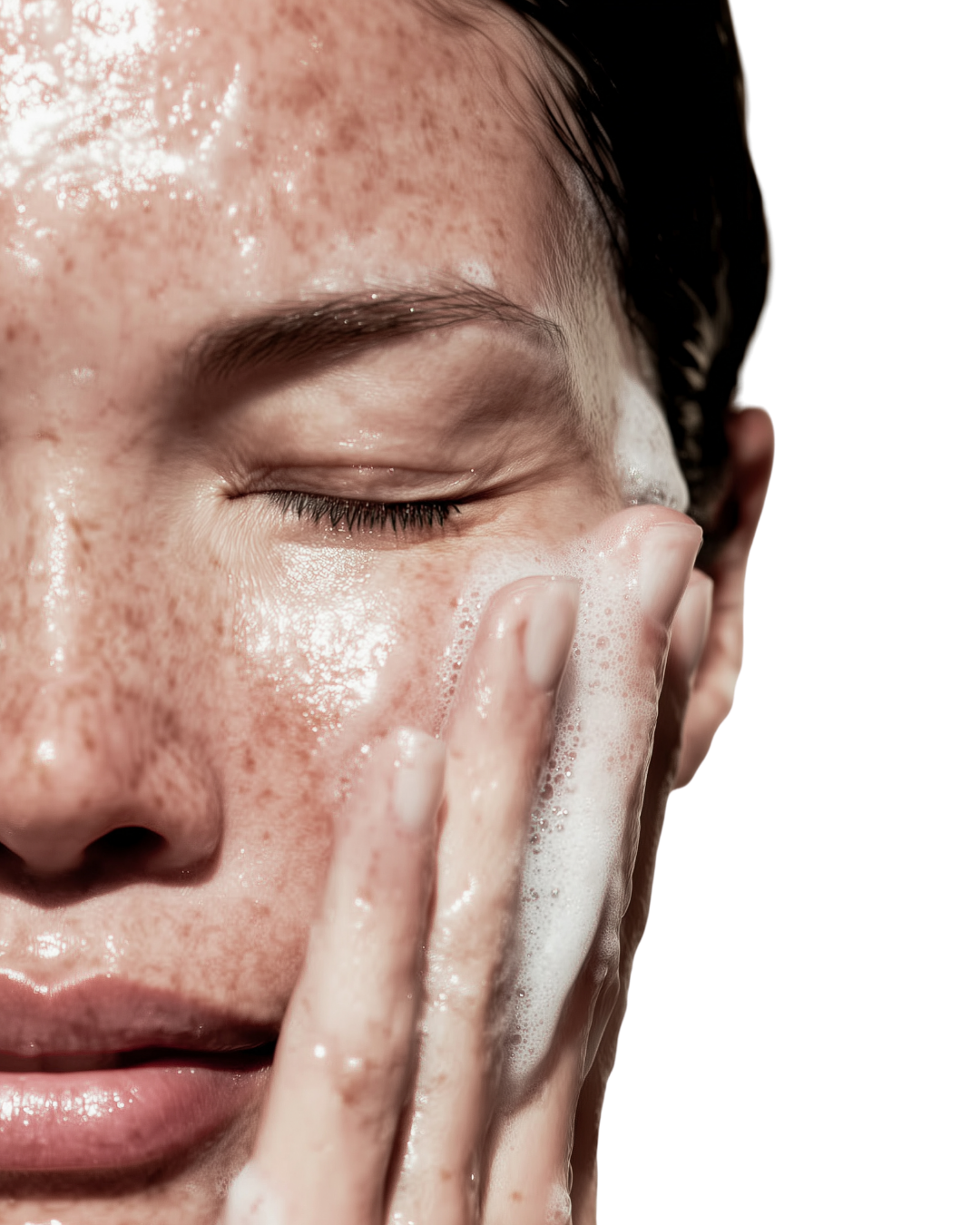 A woman with wet face washing her face with soap, eyes closed.