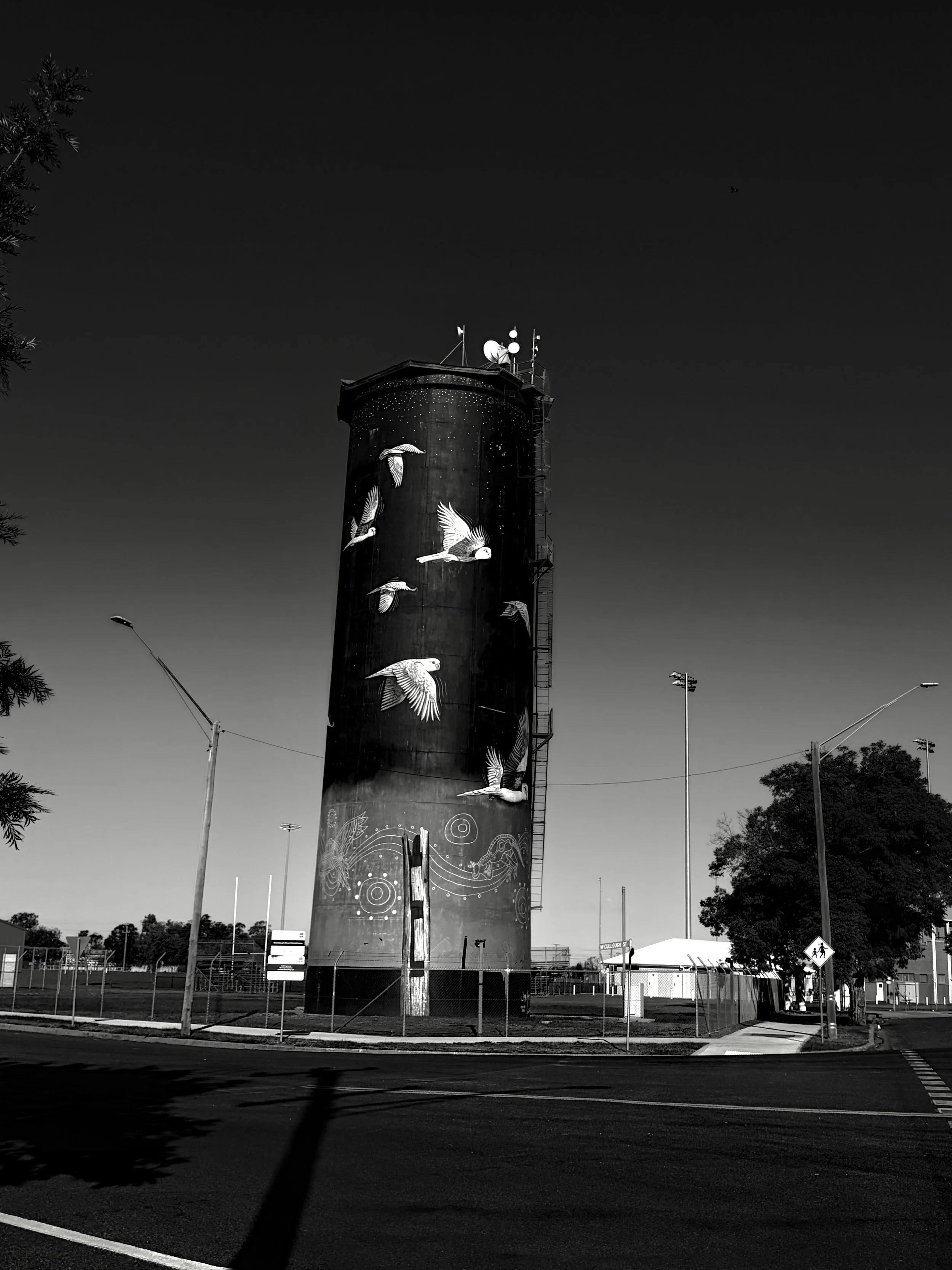 A tall cylindrical building with street art of flying birds on it, with antennas and satellite dishes on the roof, located on a city street with streetlights and a pedestrian crossing sign in the foreground.