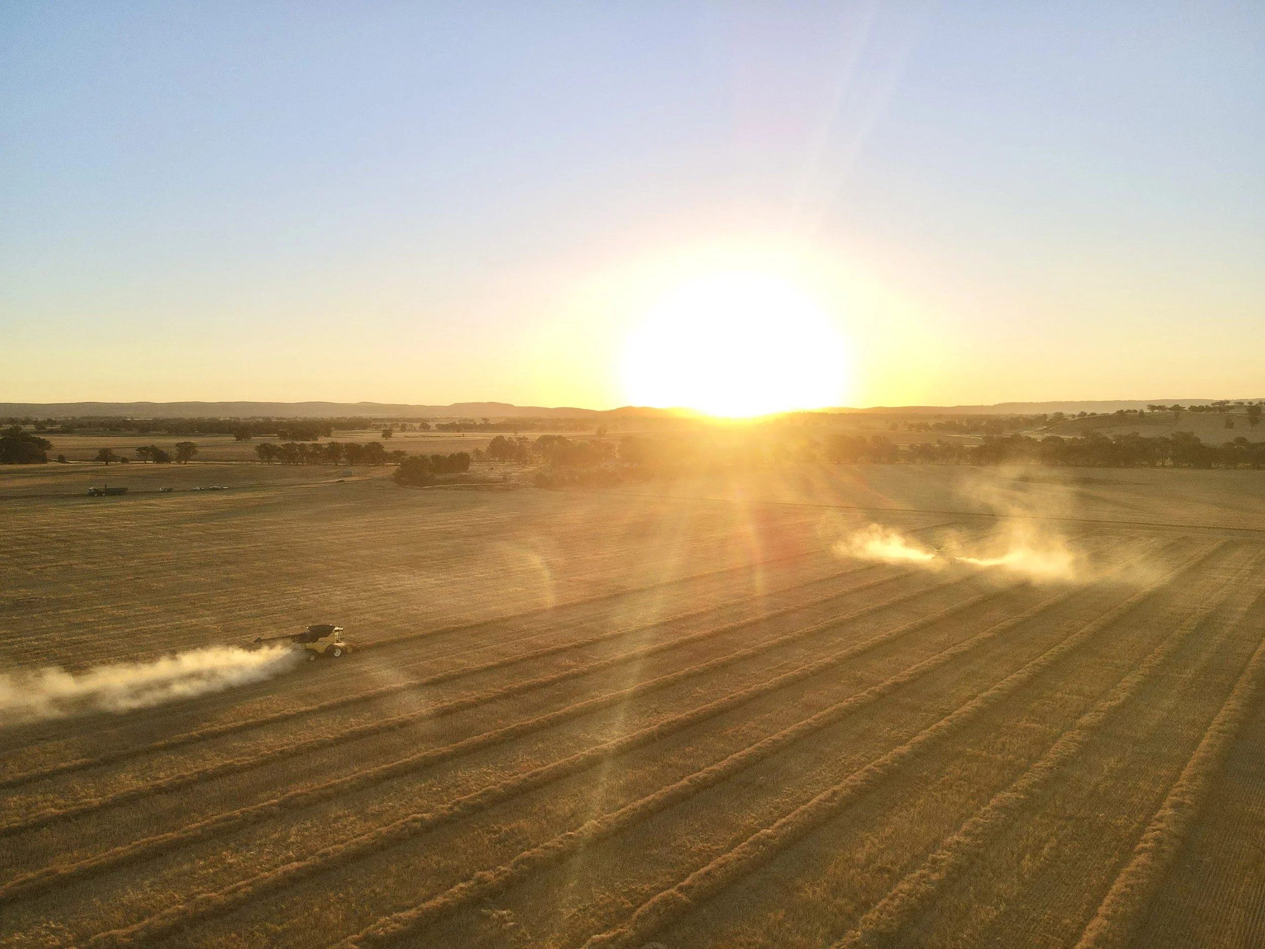 Wide open farmland at sunset with two harvesting machines driving across the field, leaving dust clouds behind.