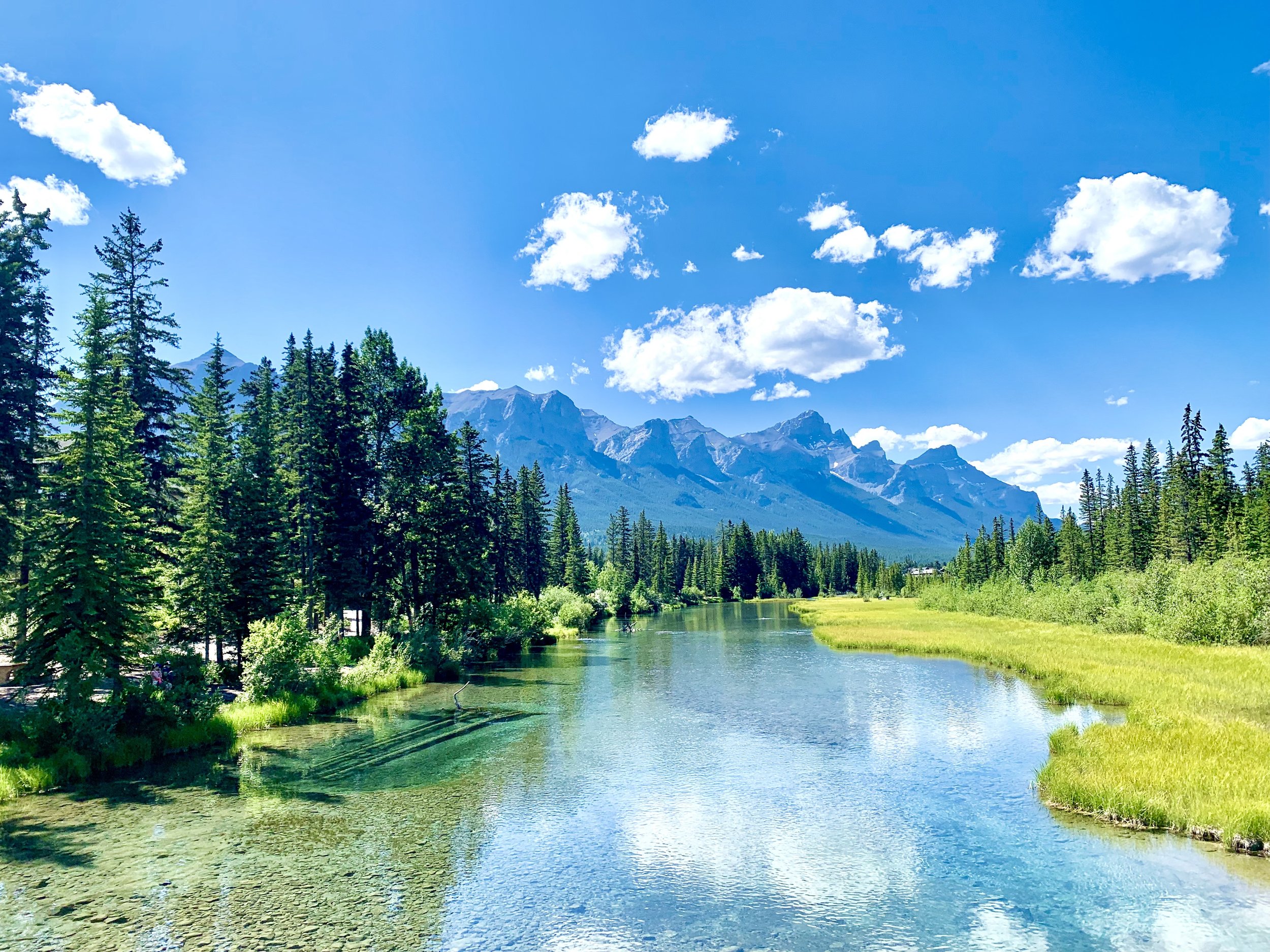 A scenic landscape of a river flowing through a lush green forest with mountains in the background under a blue sky with scattered clouds.