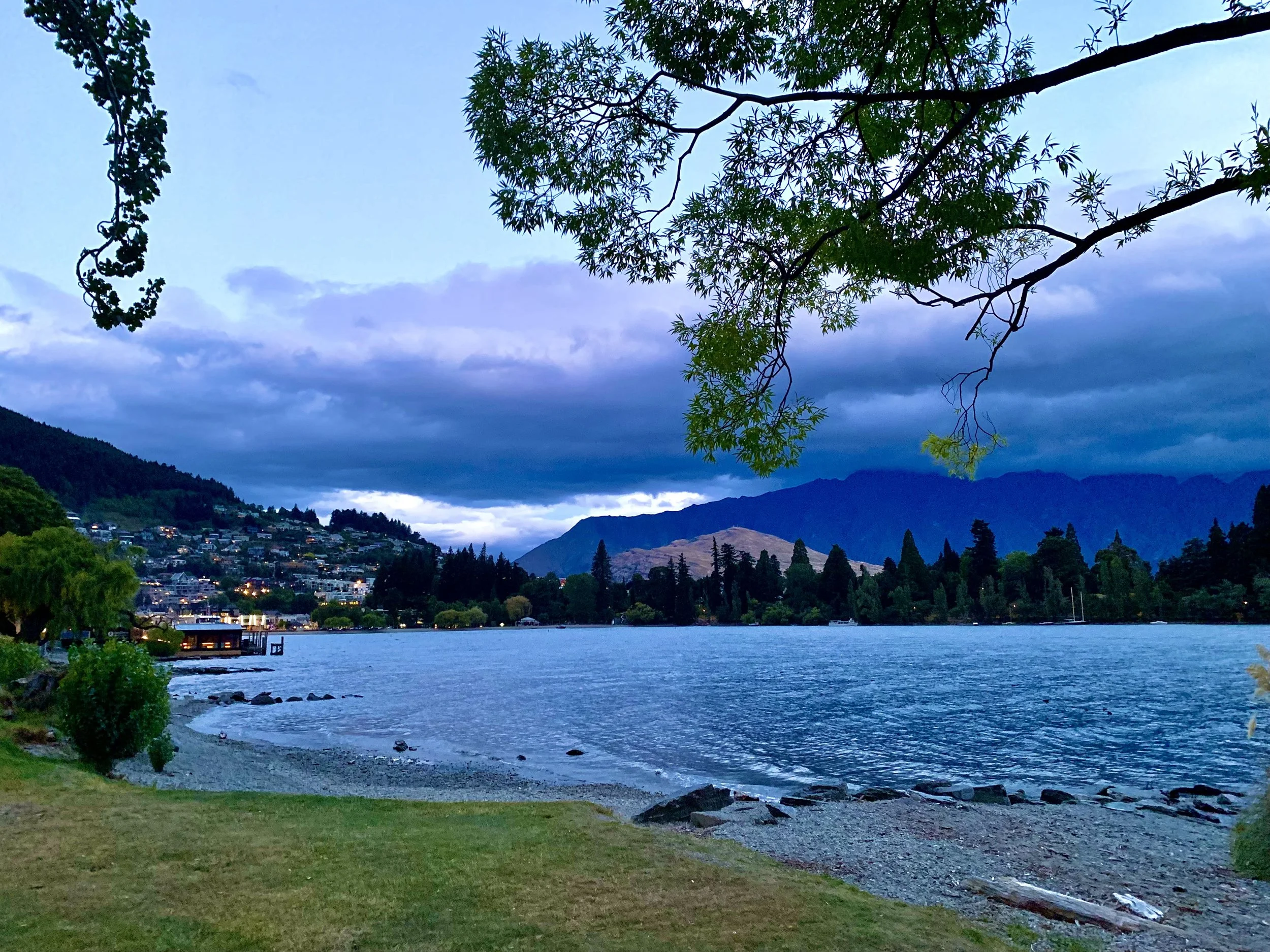 Scenic view of a lake with a grassy shoreline and rocks, surrounded by trees and mountains, under a cloudy sky during dusk.