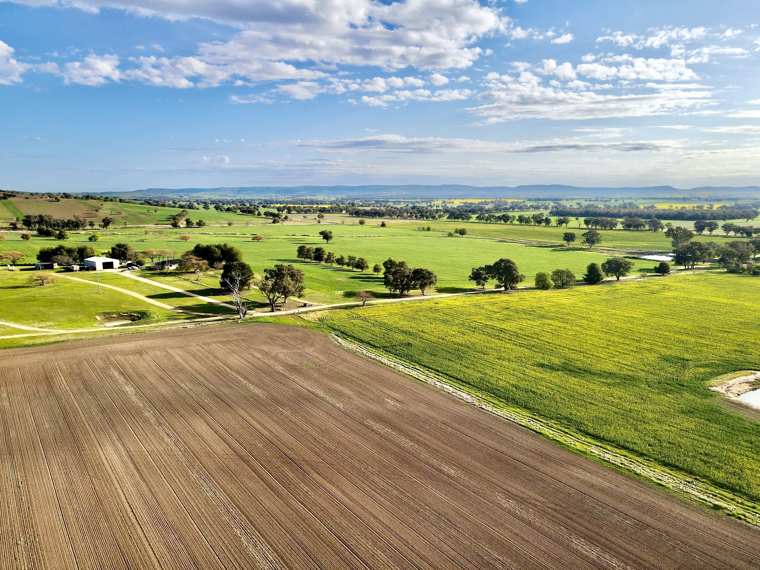 Aerial view of a rural landscape with green fields, trees, and a brown plowed field, under a partly cloudy sky.