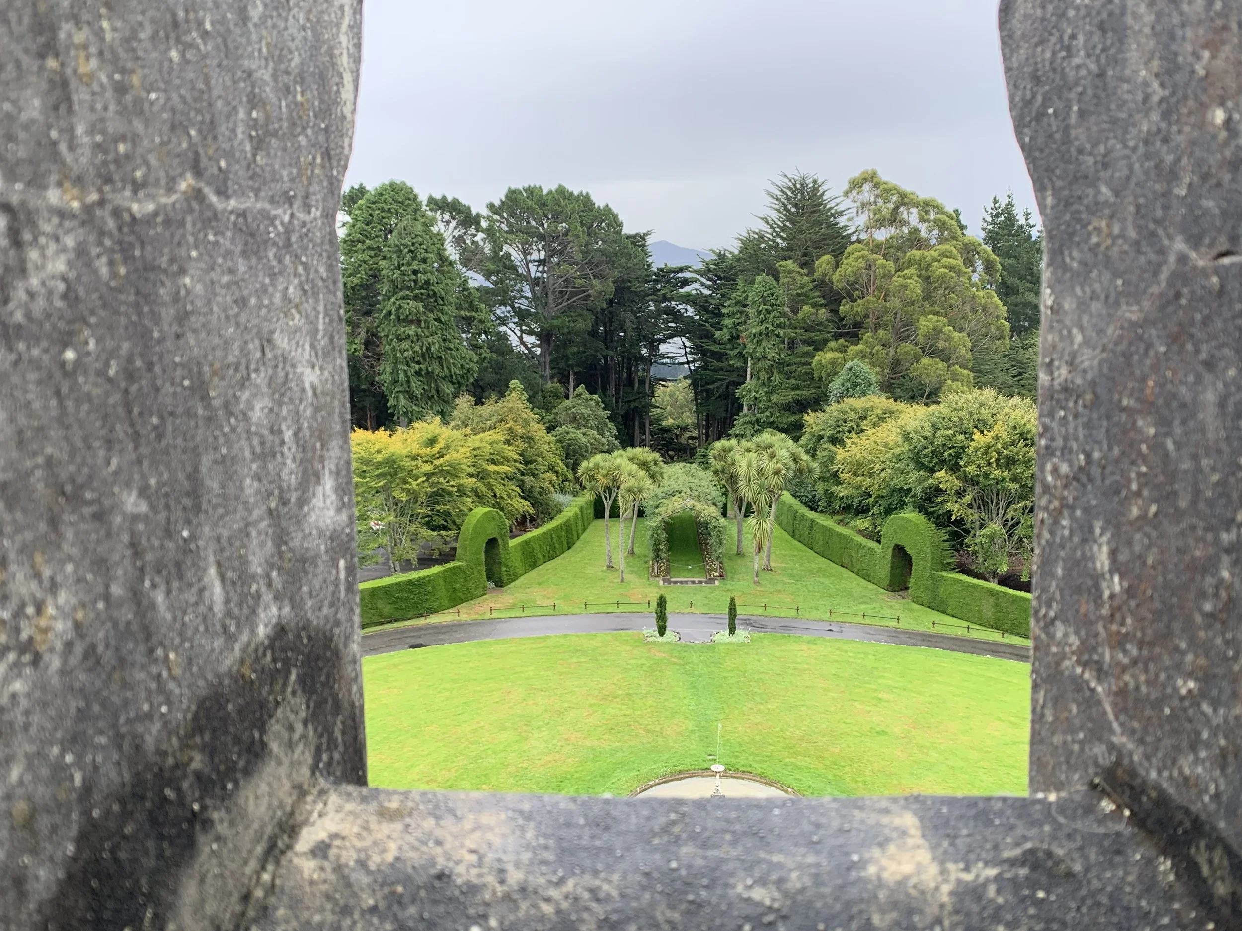 View of a lush green garden with trimmed bushes, palm trees, and tall trees, framed through a stone or concrete opening.