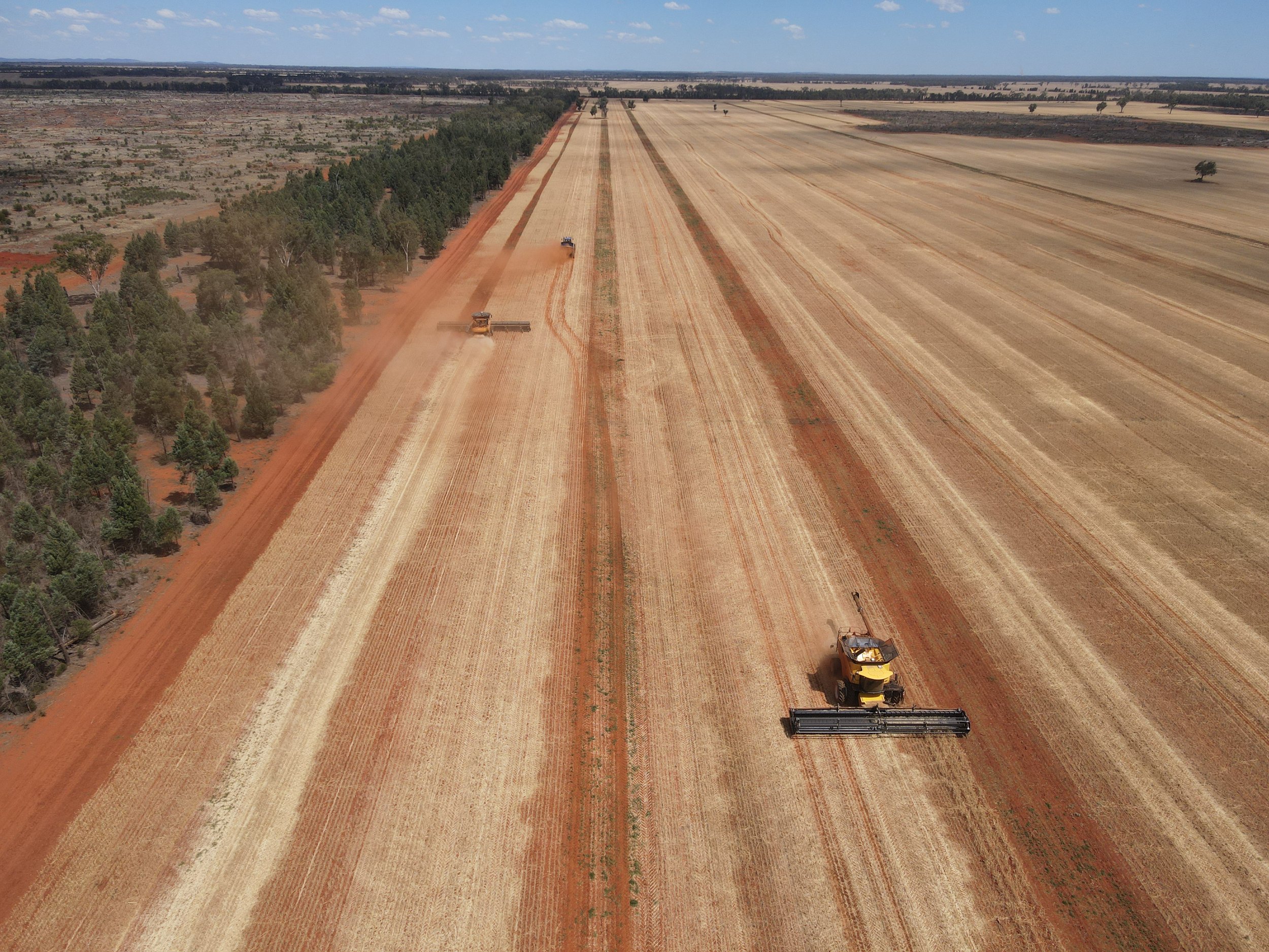 An aerial view of large agricultural machinery working on a vast dry field, with a strip of green trees on the left side and flat landscape extending into the horizon.