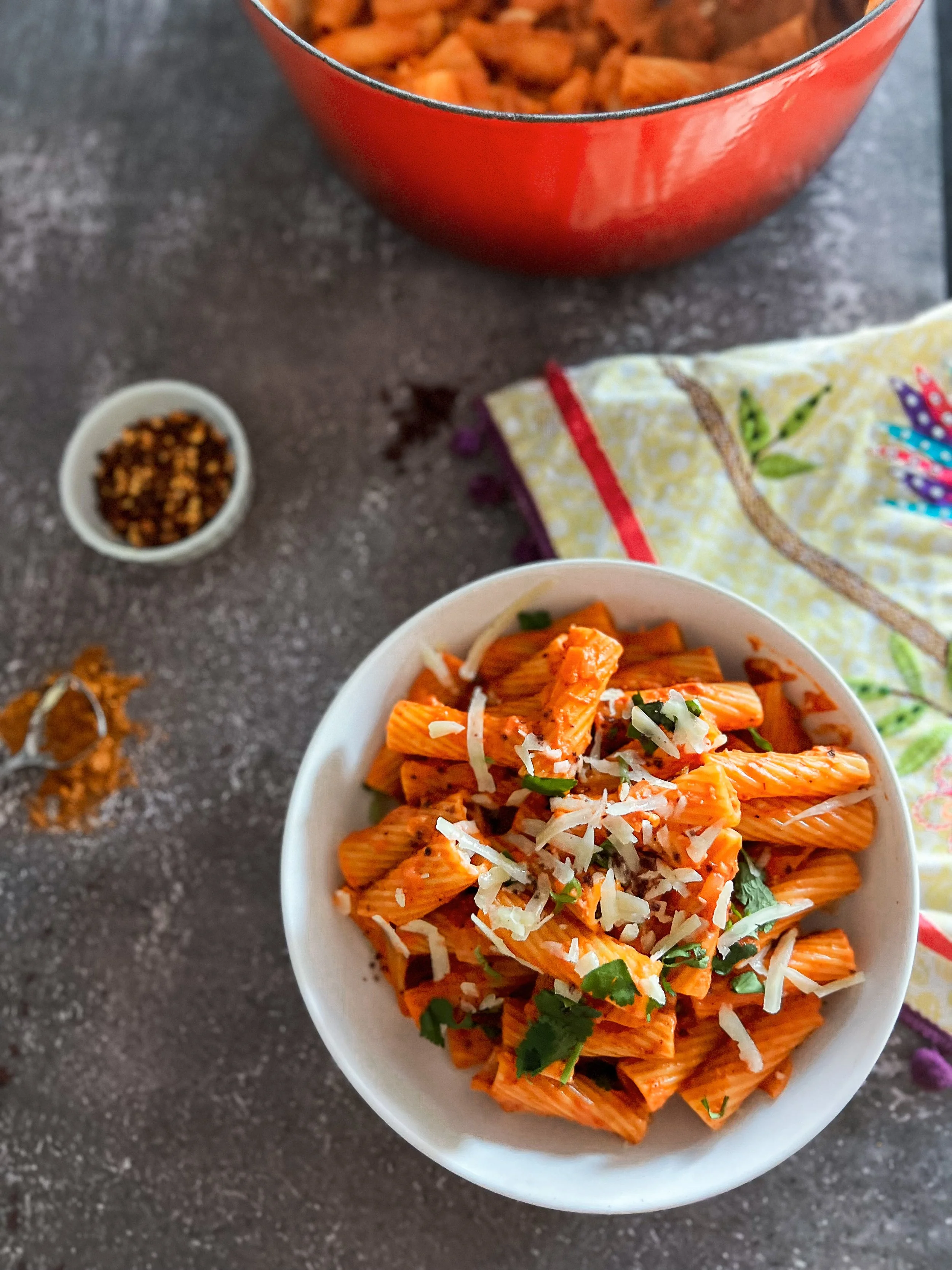 Creamy tandoori pasta in a bowl with rich spiced sauce and penne pasta