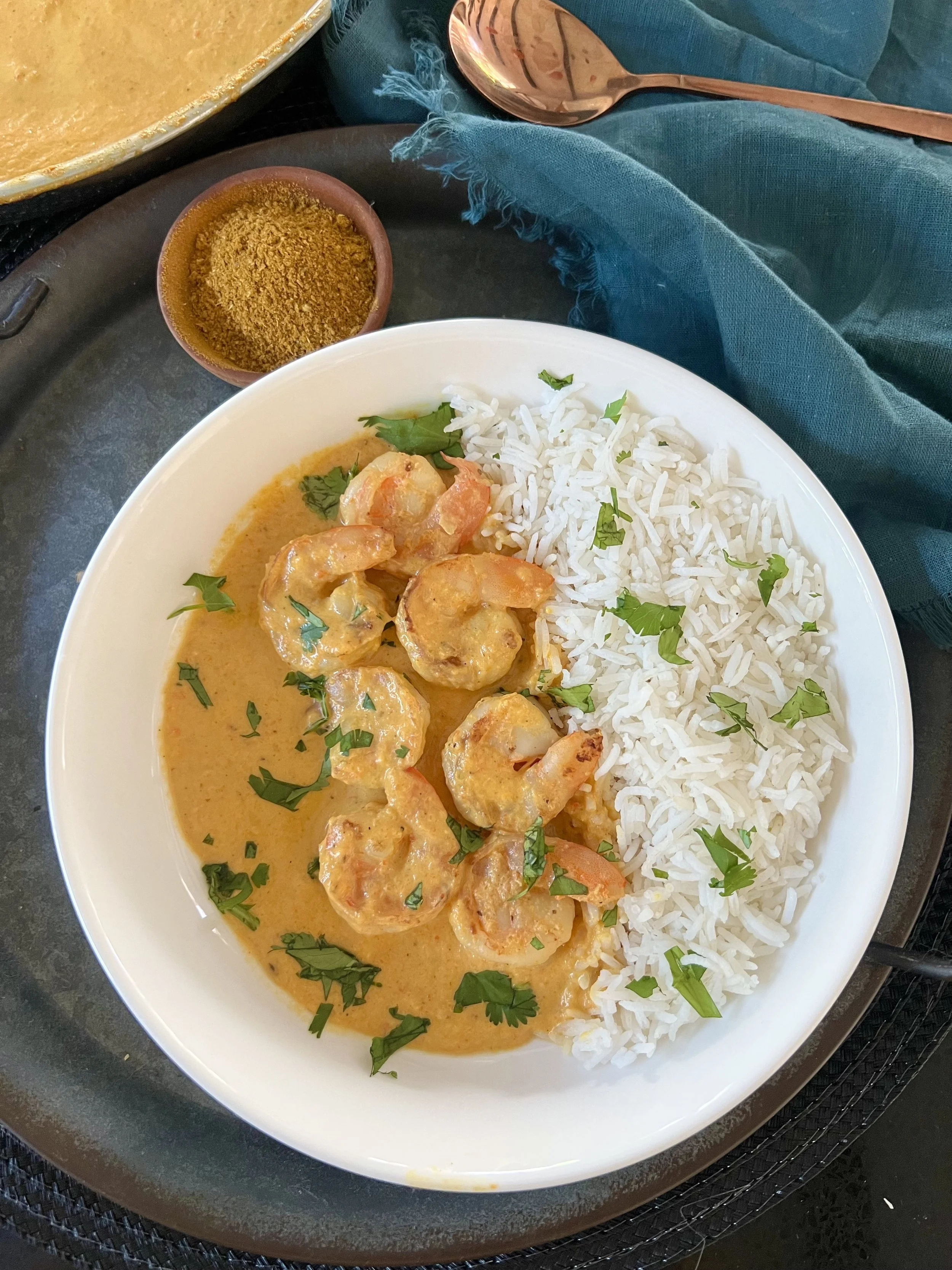 Easy coconut shrimp curry with rice made using Curry Flair spice blend