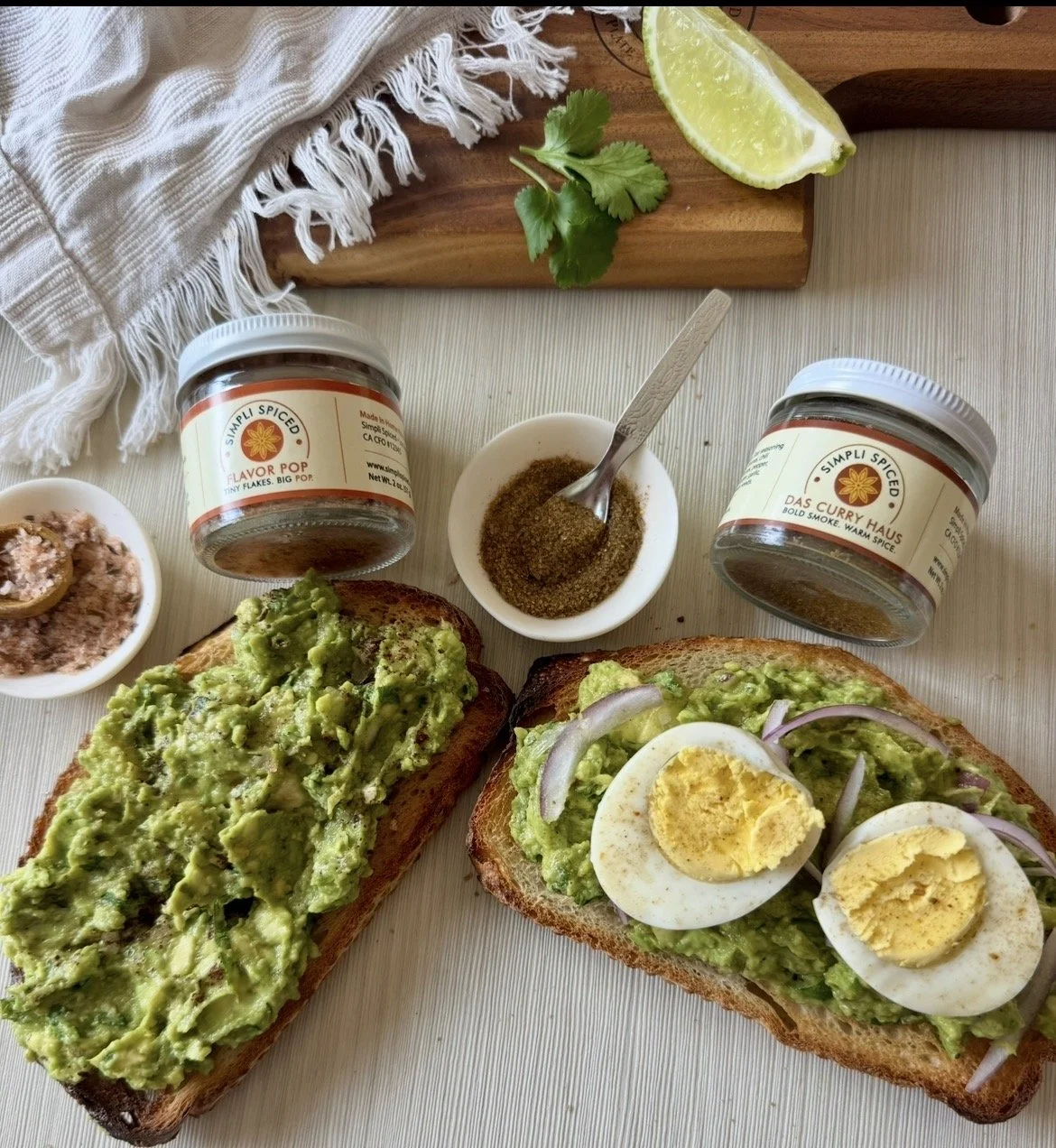 Avocado toast two ways with Indian flavored sea salts (Flavor Pop and curry salt)(Fla