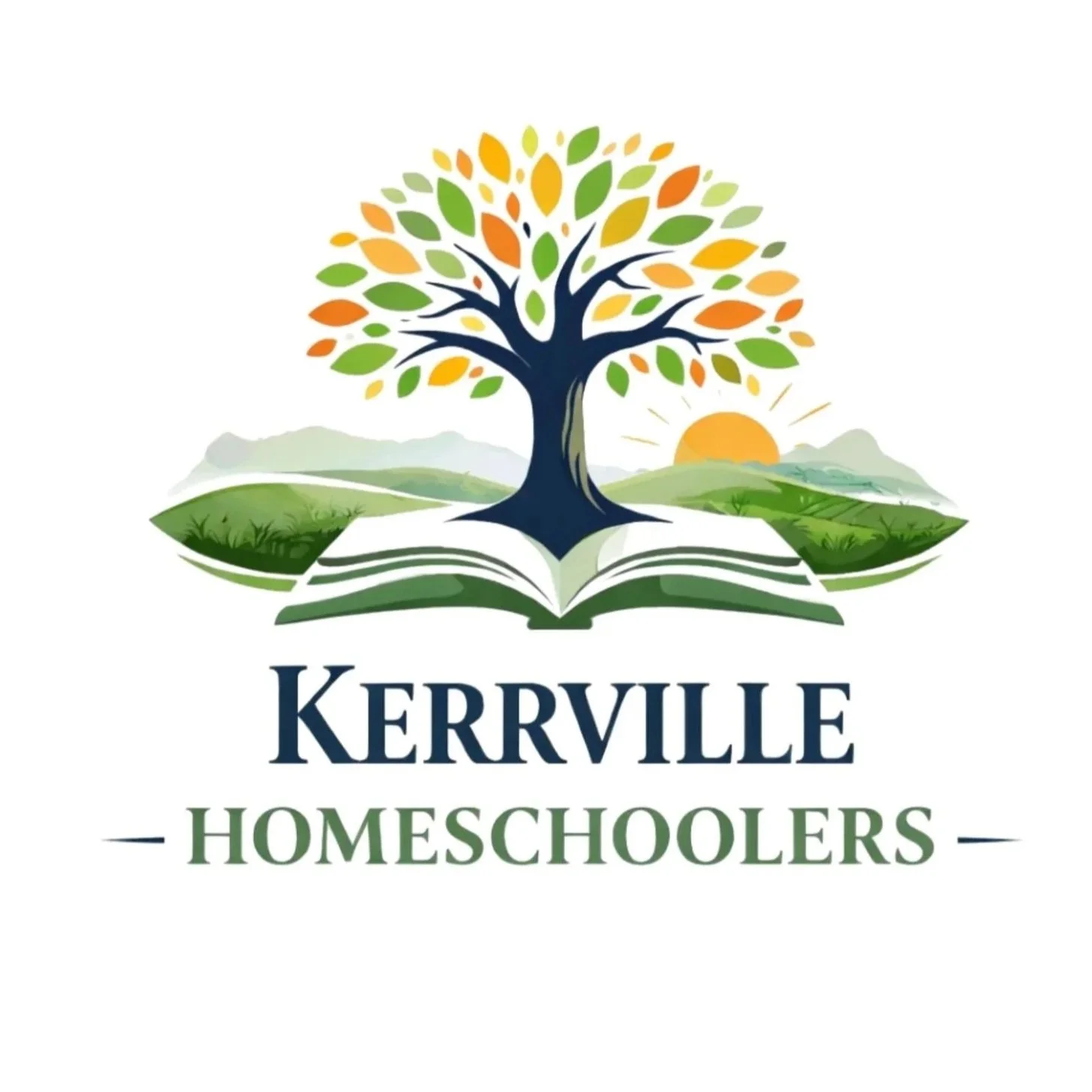 Logo for Kerrville Homeschoolers featuring a tree growing from an open book with green hills and a sunrise in the background.