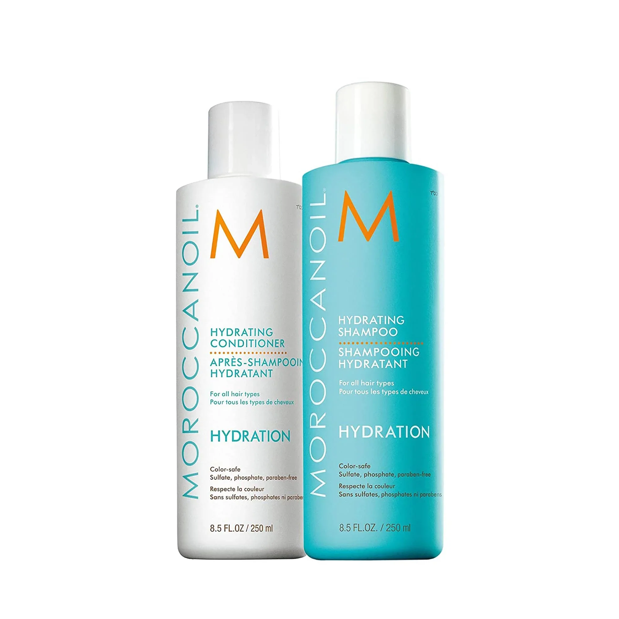 Two bottles of moisturizing hair care products, one labeled Hydrating Conditioner and the other Hydrating Shampoo, with white caps and blue and white labels.
