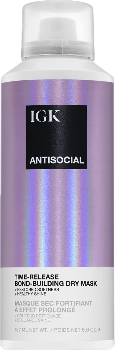 Bottle of IGK Antisocial Time-Release Bond-Building Dry Mask with iridescent purple label and white cap.