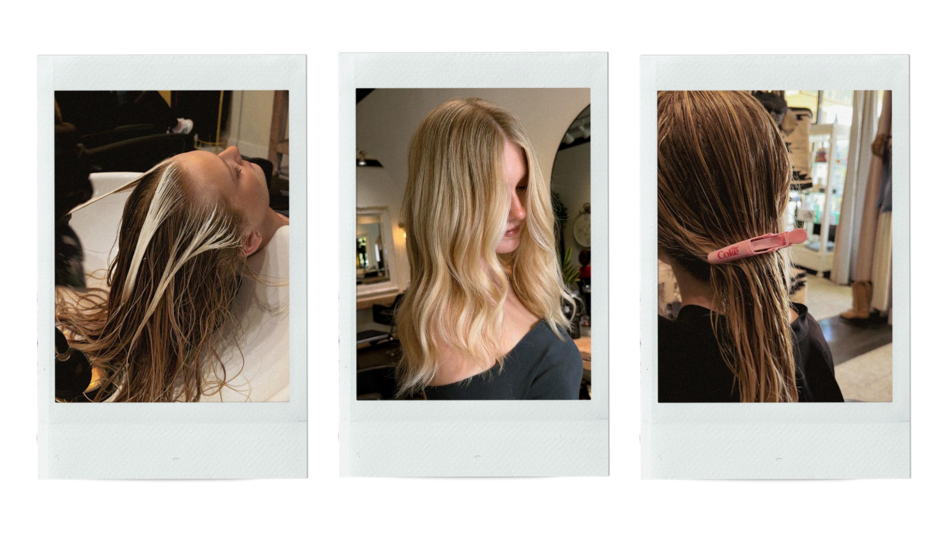 Sequence of three Polaroid-style photos showing a woman with blonde hair at a salon. The first photo has her lying back with wet hair, the second shows her hair styled in loose waves, and the third depicts her from behind with her hair held back by a pink clip labeled "Coke".