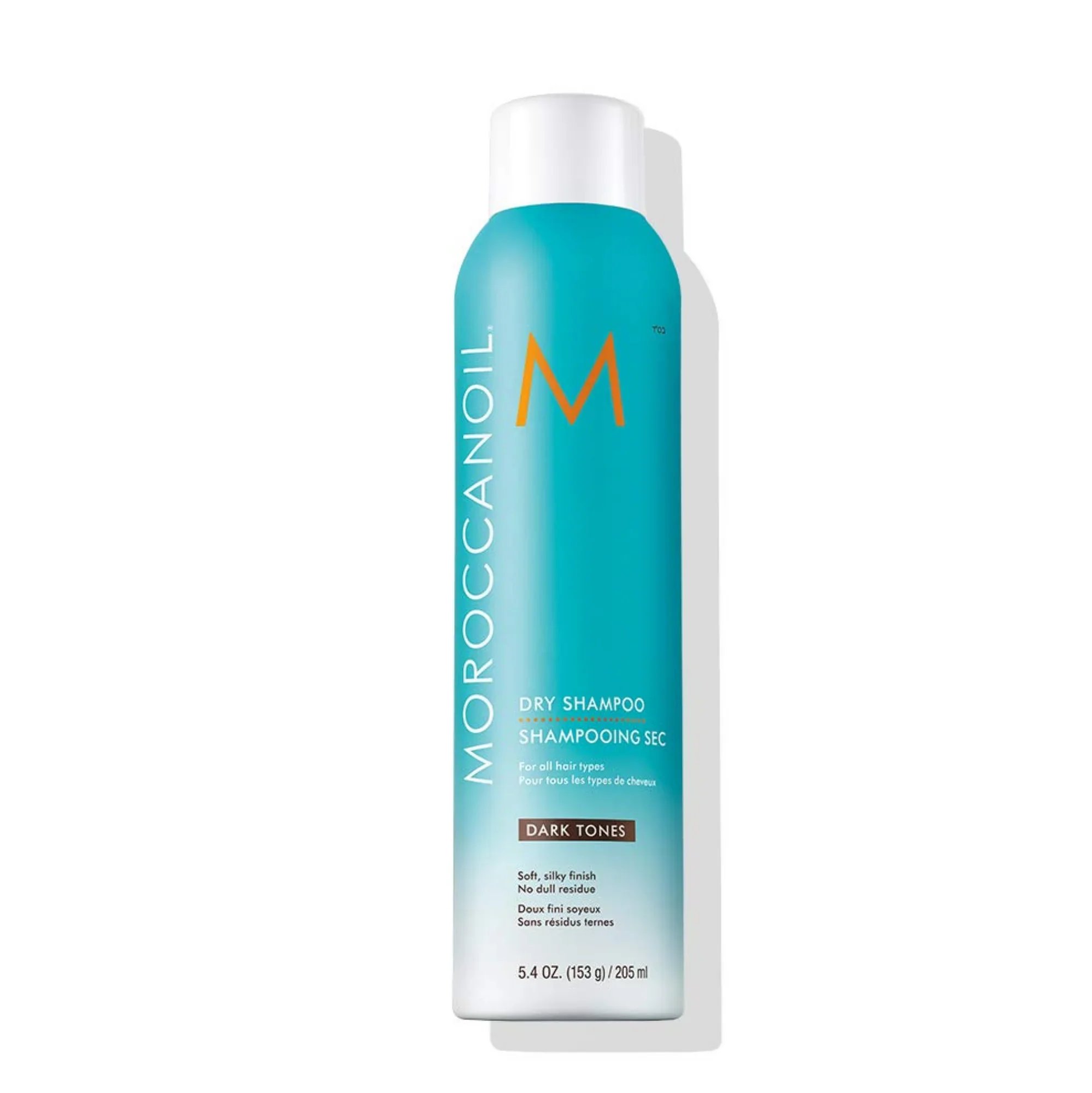A bottle of Moroccanoil Dry Shampoo Dark Tones with a white cap and blue label, featuring the Moroccanoil logo and product details.