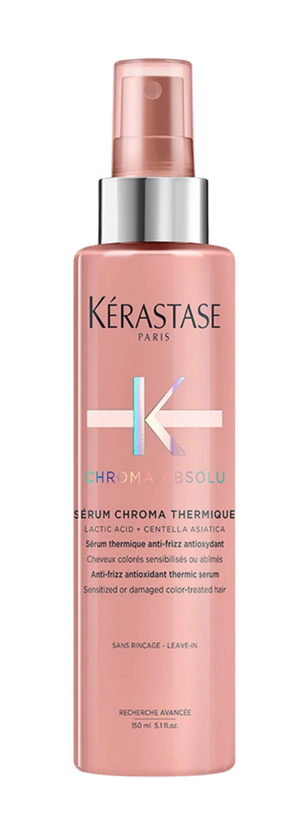 A pink spray bottle of Kerastase Paris Chroma Absolu thermal serum.