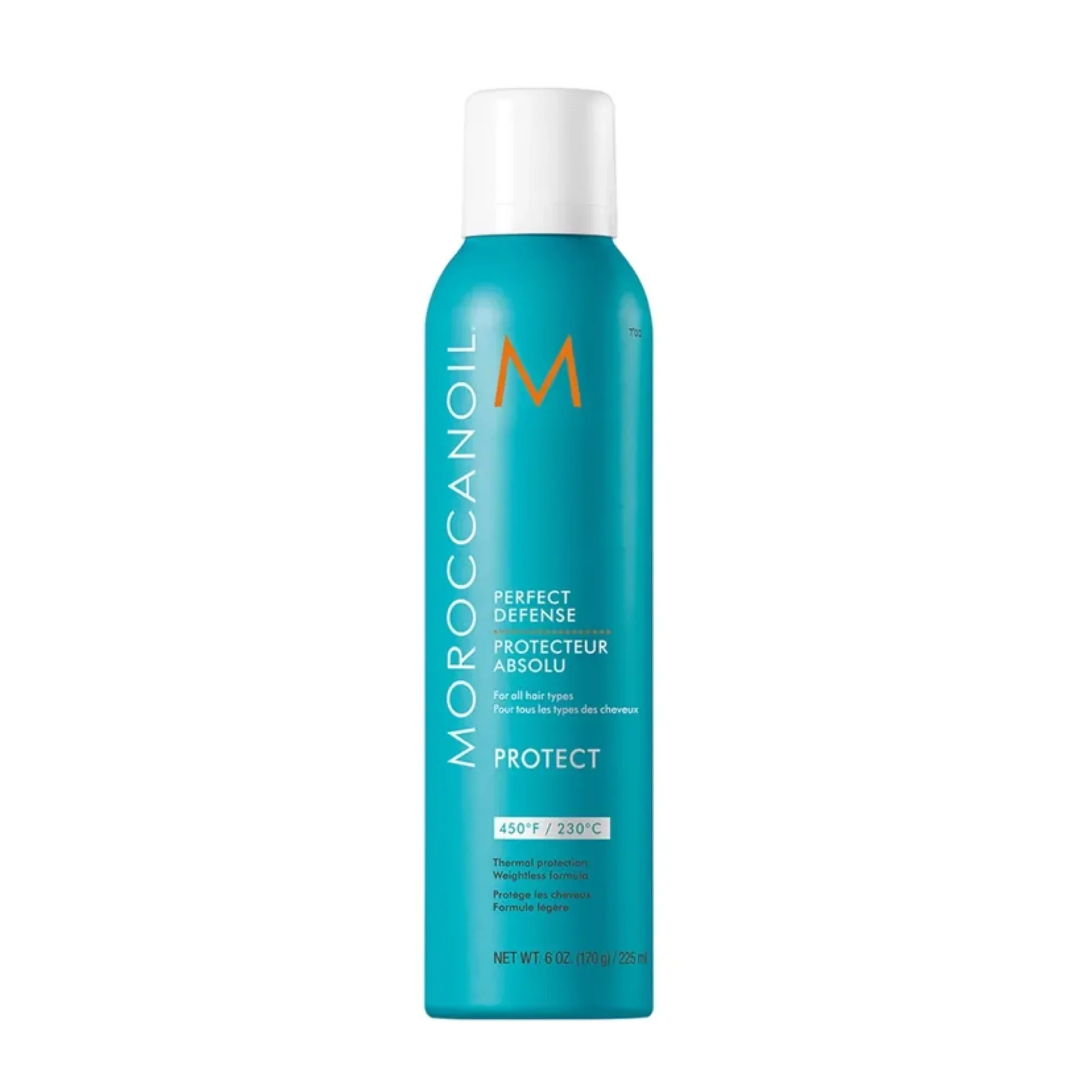 A blue aerosol spray can labeled "Moroccanoil," designed for hair protection, with mentions of temperature resistance up to 450°F or 230°C, and features in English and French.