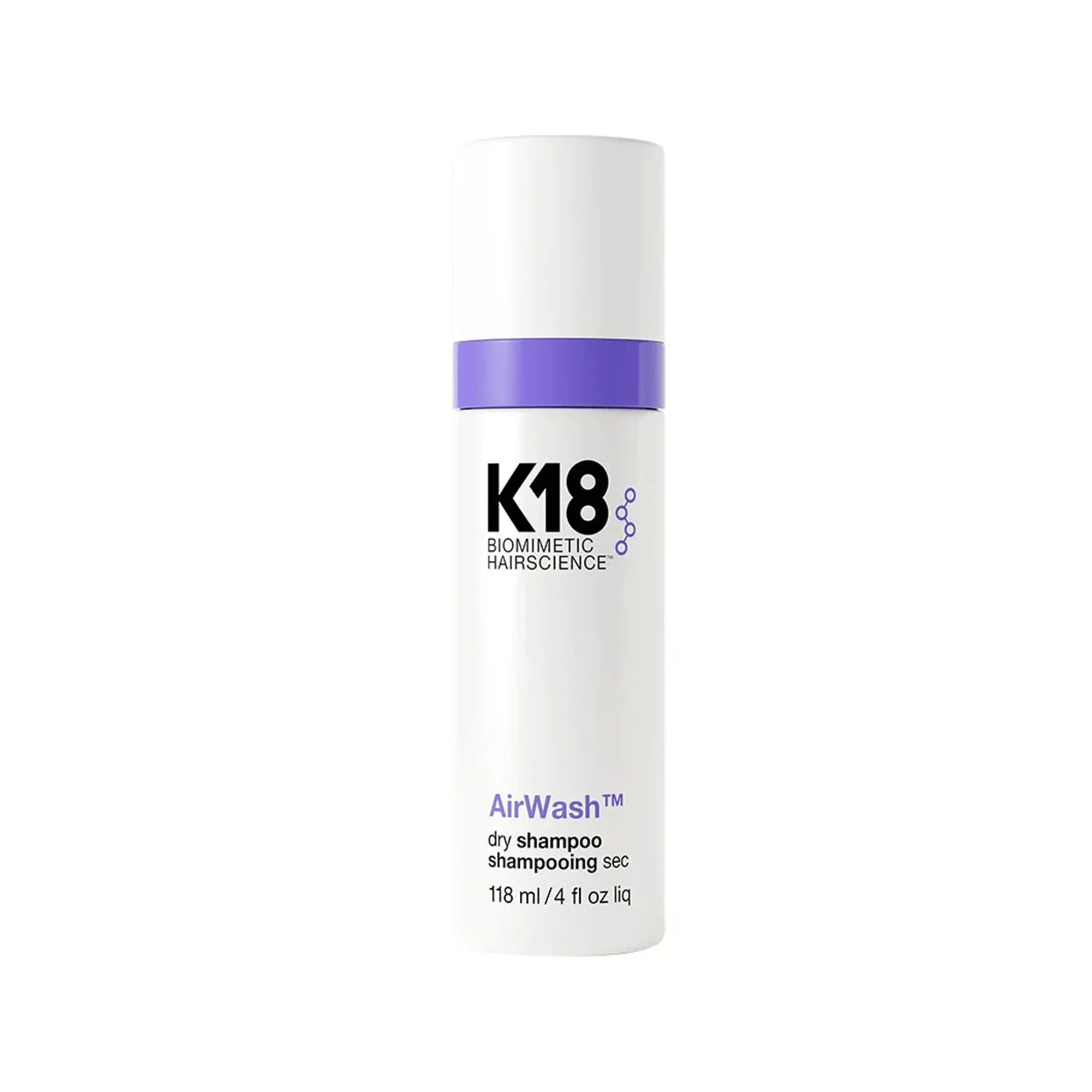 A white bottle of K18 Biomimetic Hairscience AirWash dry shampoo with a purple stripe around the top.