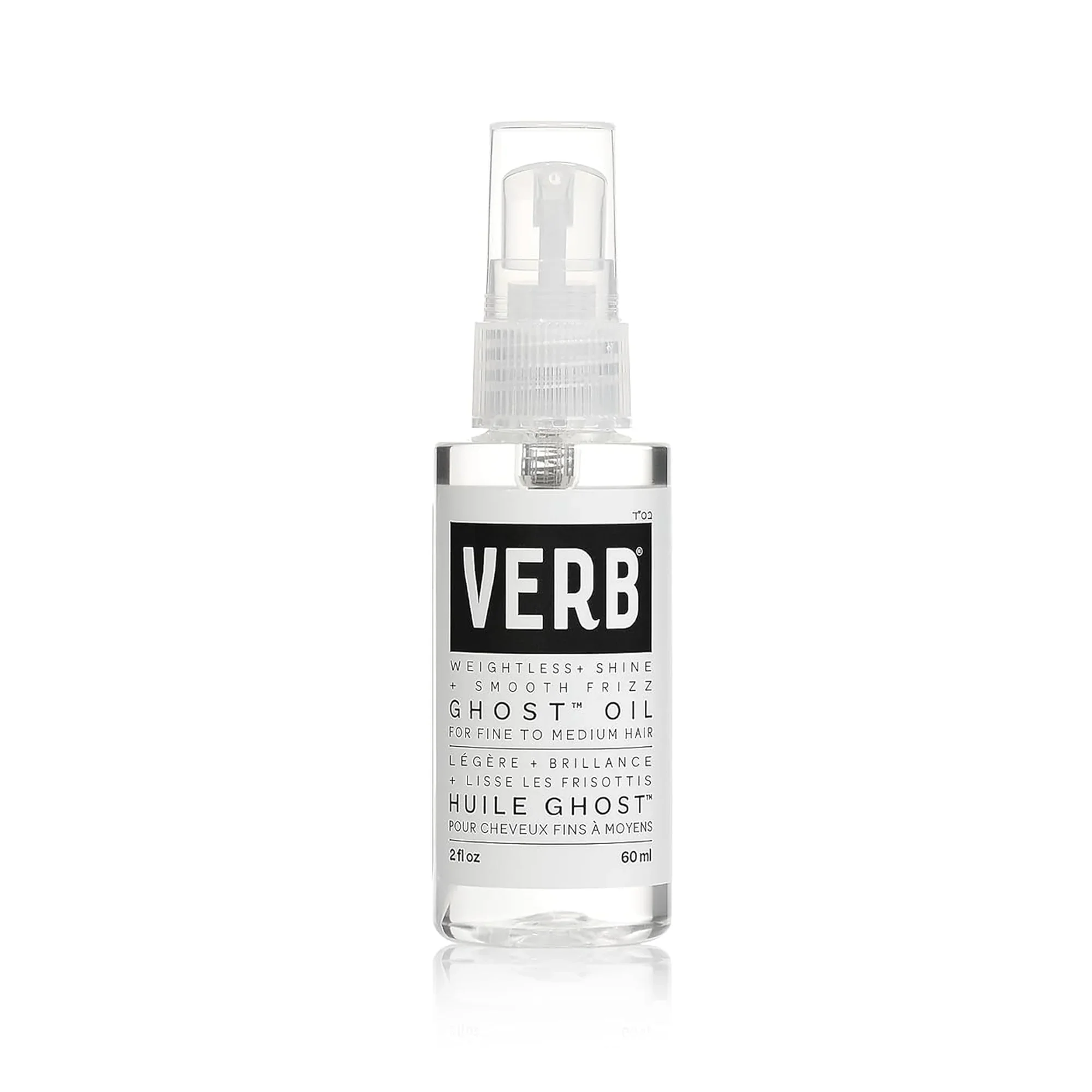 A clear spray bottle of Verb ghost oil for fine to medium hair, with a white label and black text.