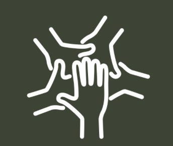 Illustration of multiple hands surrounding a central shape, with one hand placed on top, symbolizing unity and teamwork.