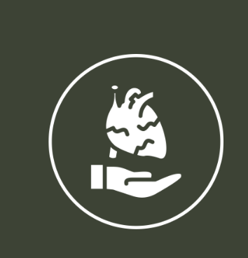 An illustrated anatomical heart inside a circle, held by a human hand on a dark green background.