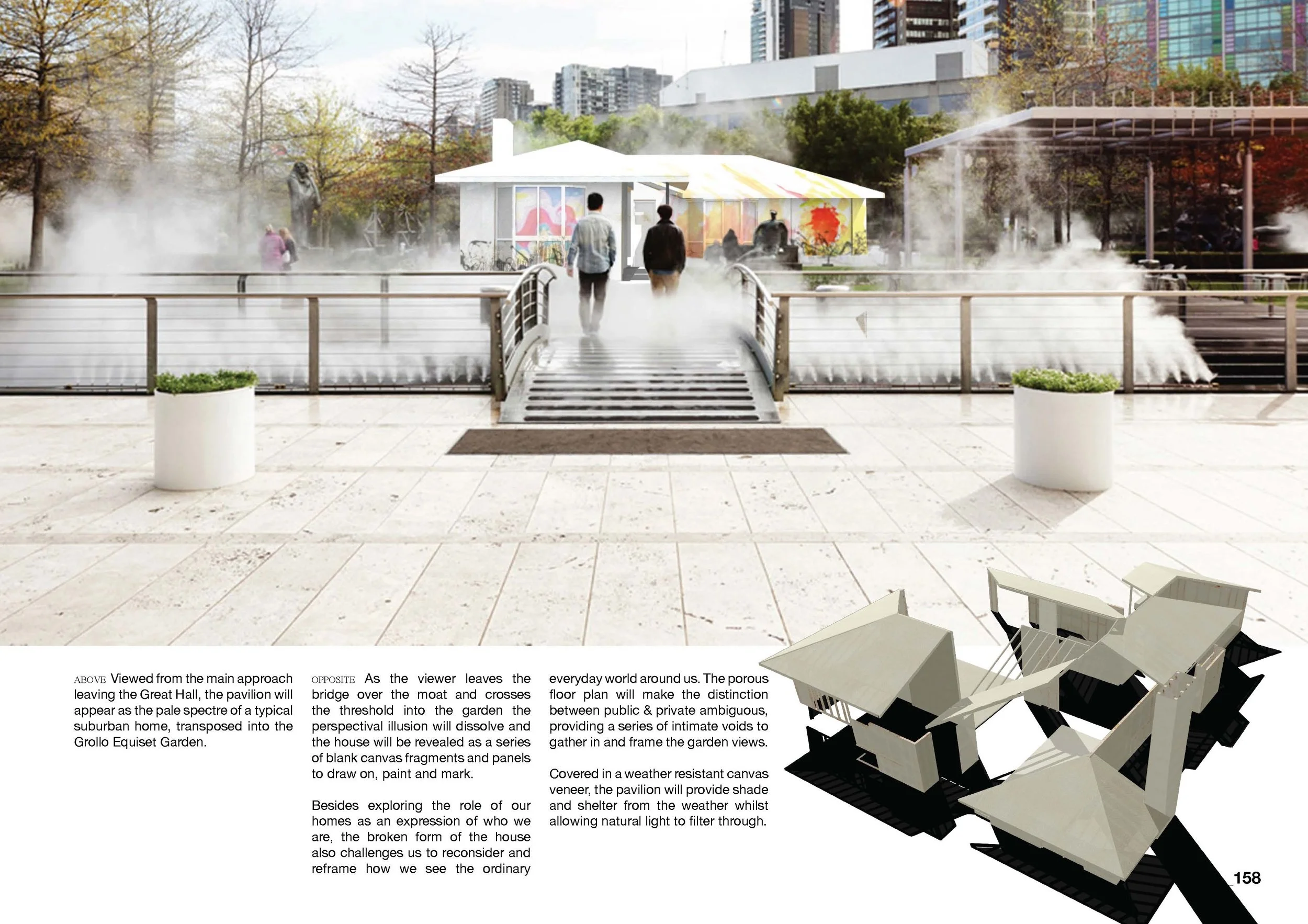 A modern urban park with a small pavilion, trees, and city high rises in the background. There is a bridge over a fog or steam feature, with people walking nearby and some seating in the foreground.