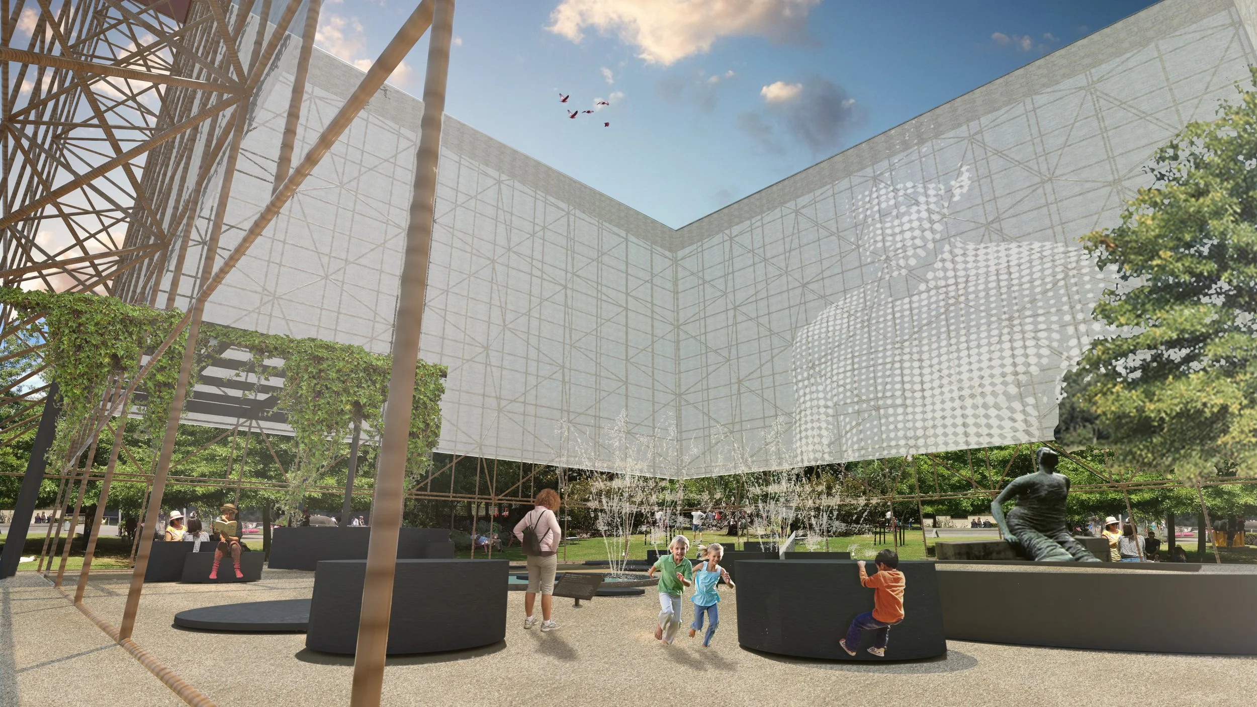 People enjoying a park with a modern architectural pavilion featuring a large, white geometric structure and metal frame, surrounded by trees and fountains, with children playing and adults sitting on benches.