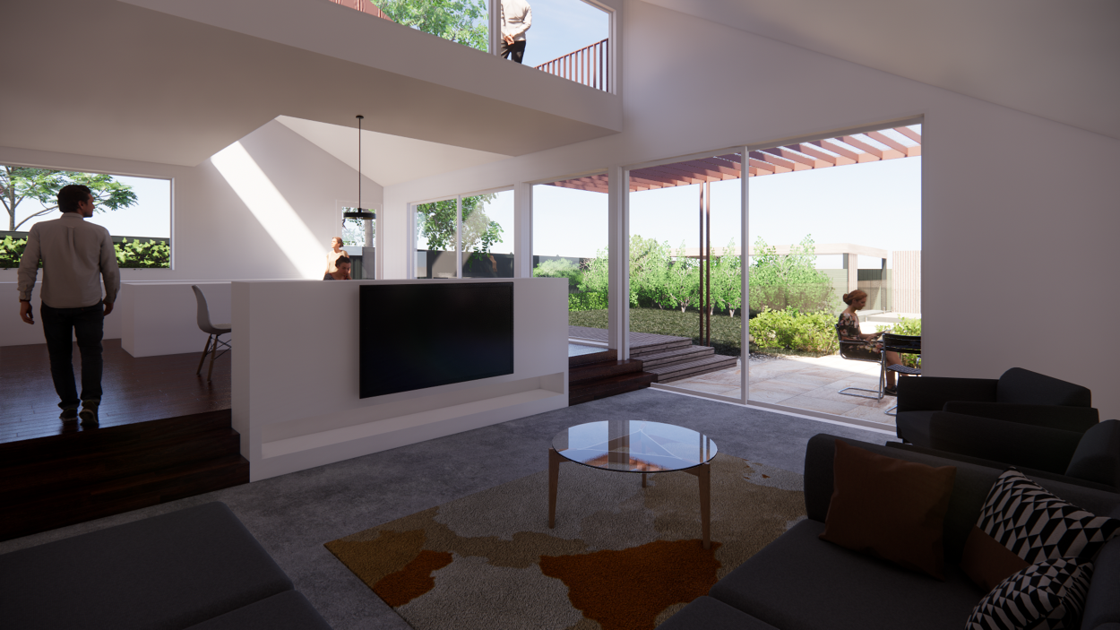 Modern living room with large glass sliding doors opening to a patio and garden, with people inside and outside.