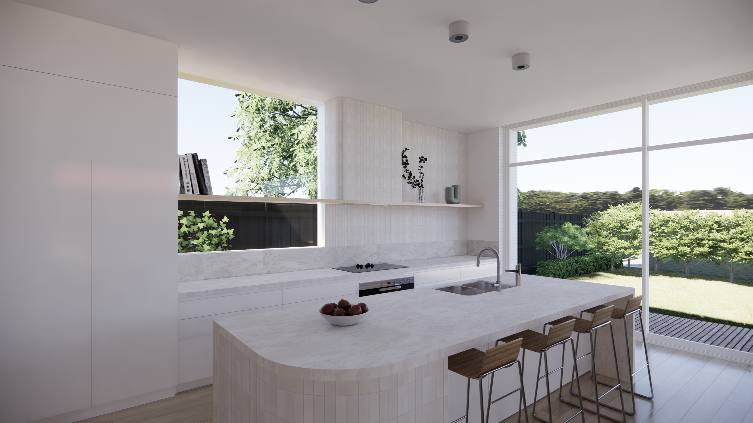 Modern kitchen with large window, white cabinets, marble countertop, and bar stools on an outdoor patio
