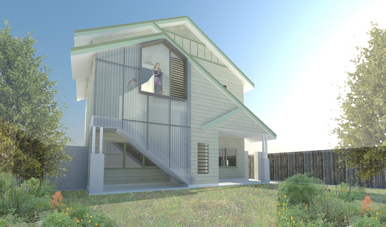 A modern two-story house with large glass windows, an external staircase, and a backyard with trees and plants, sunny weather with a clear blue sky.