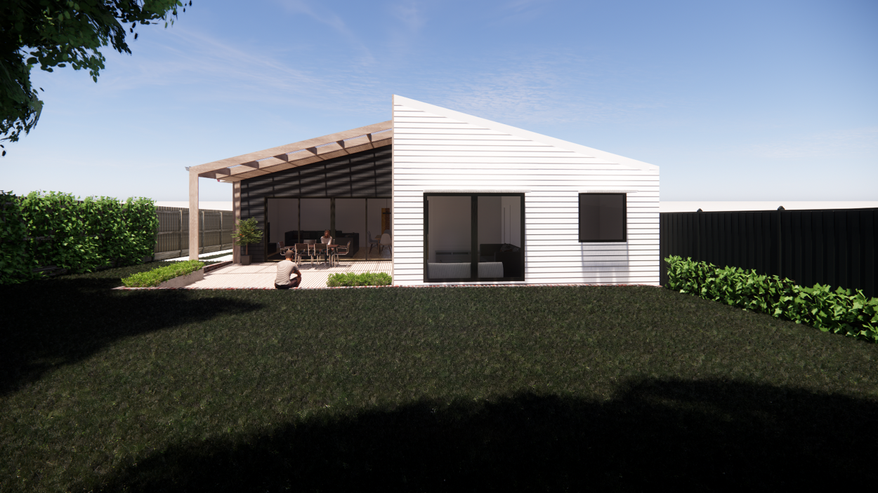 Design of a modern one-story house with white siding, large sliding glass door, and black-framed window, with a backyard patio featuring outdoor seating under a wooden pergola, on a clear day with a blue sky.