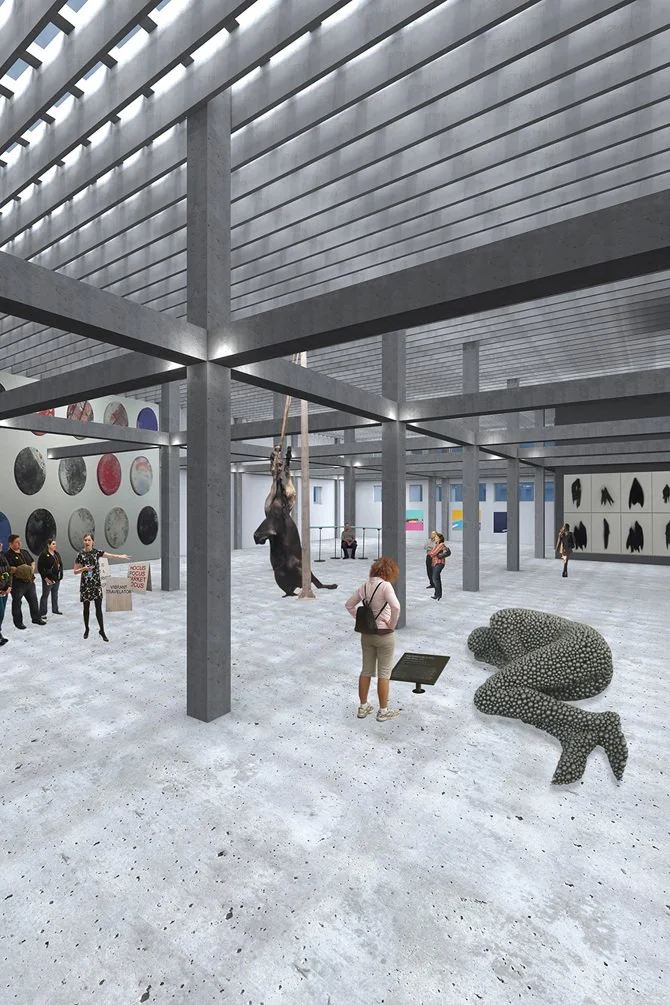 A modern art museum interior with sculptures and visitors. Features include a hanging bear sculpture, a large dotted chameleon sculpture, colorful circular art pieces on the wall, and people observing and walking around.