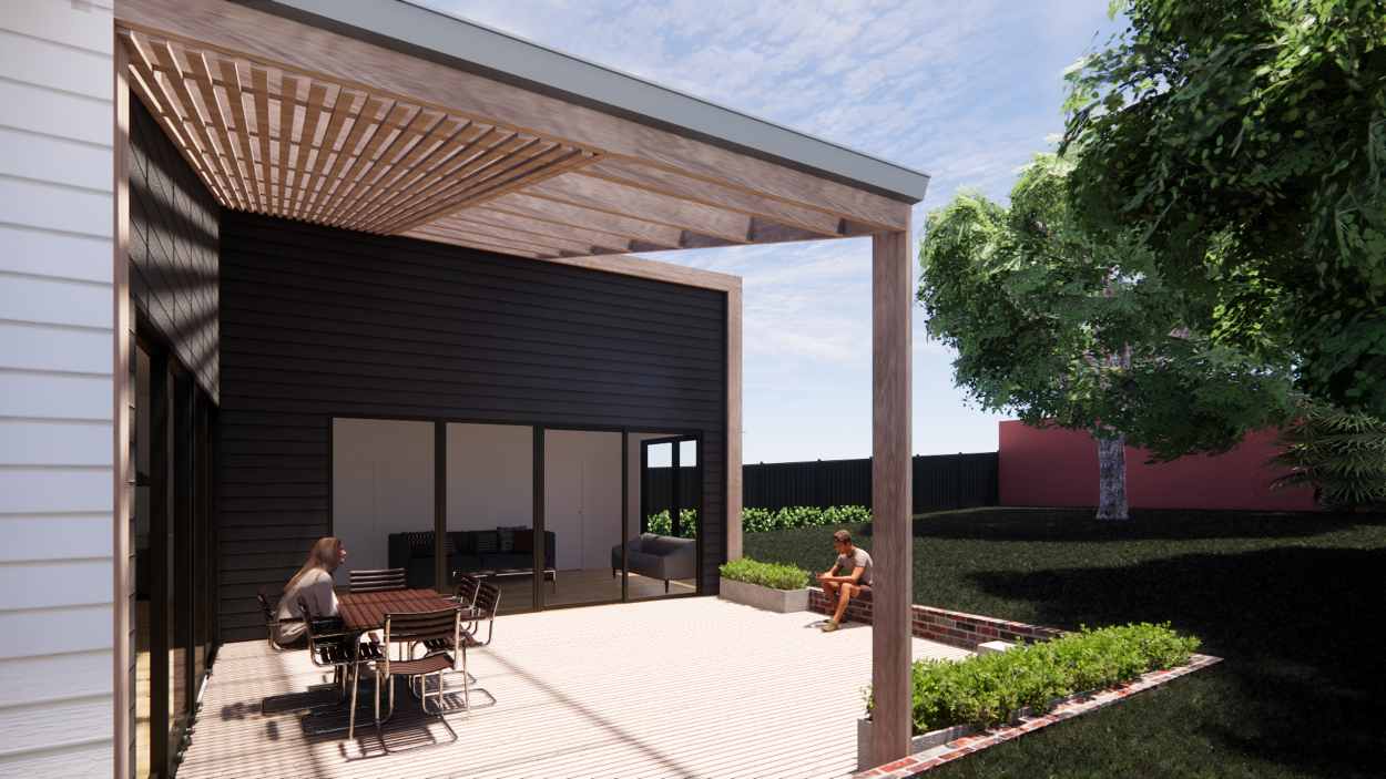 People sitting on a patio with outdoor furniture and a house with sliding glass doors leading inside.