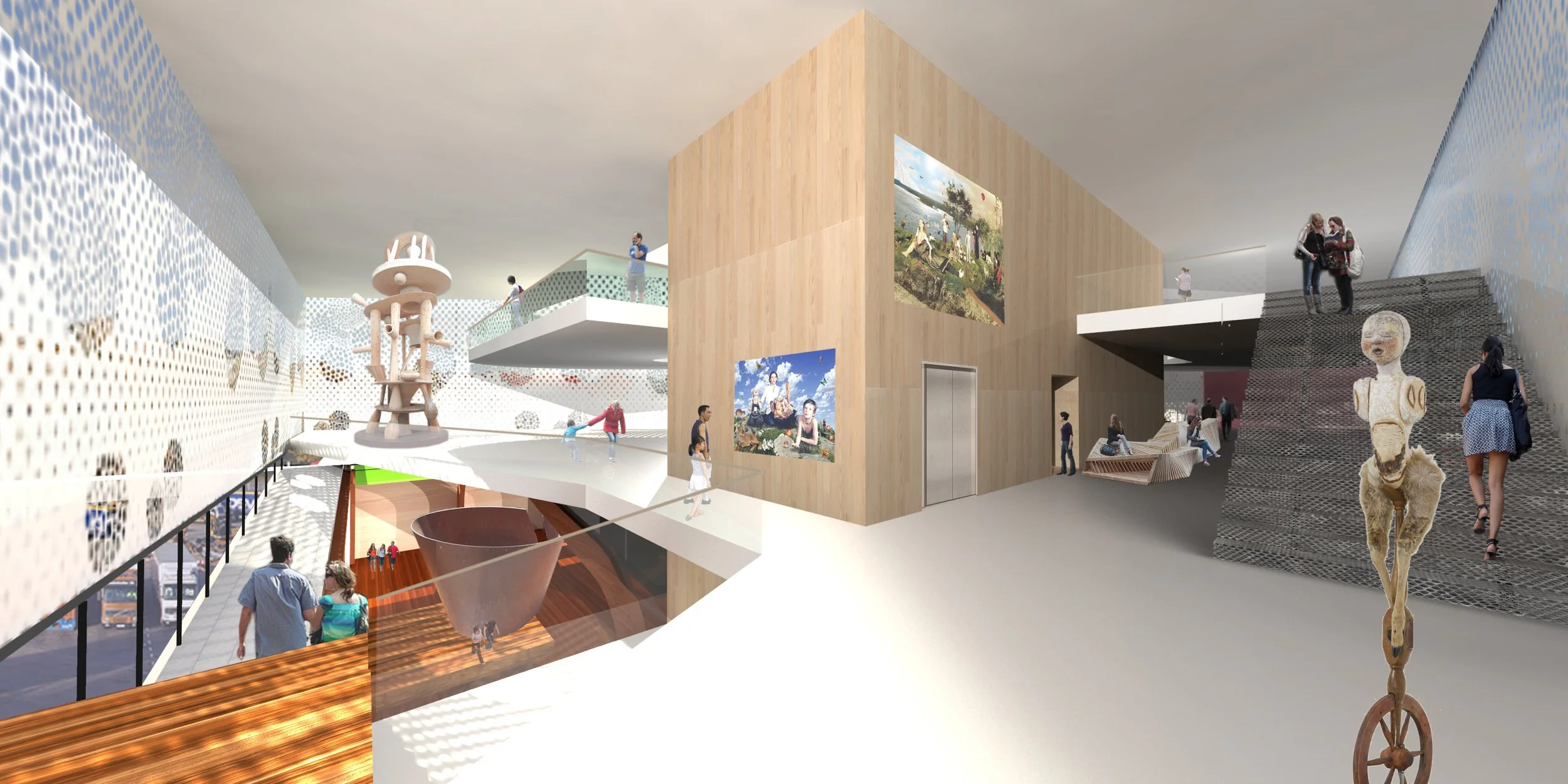 Interior of a modern art gallery with visitors, portraits on wooden walls, a large sculpture, and various artworks and installations.