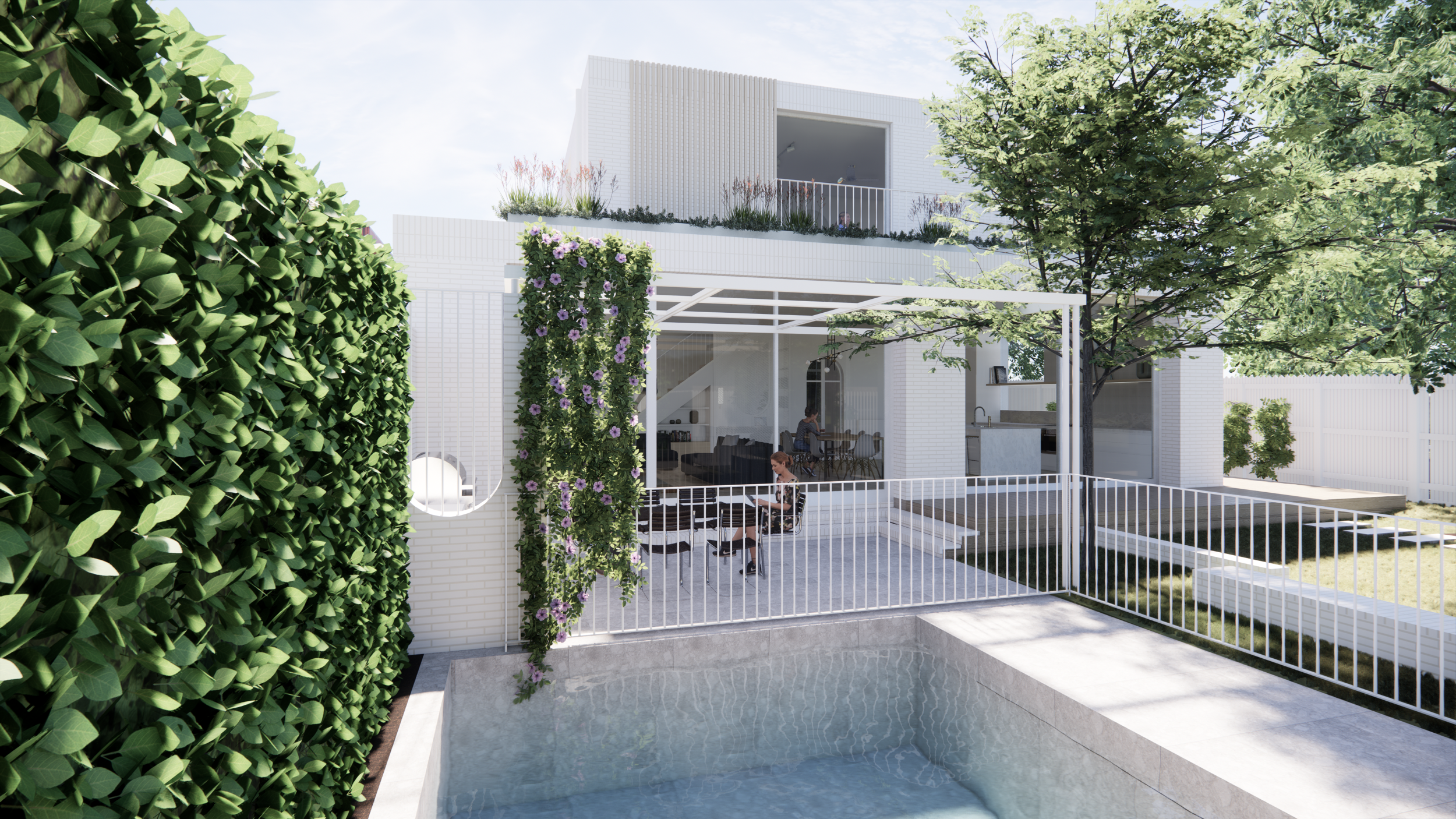 Modern white house with a second-floor balcony, outdoor patio, and a swimming pool, surrounded by green trees and a hedge.