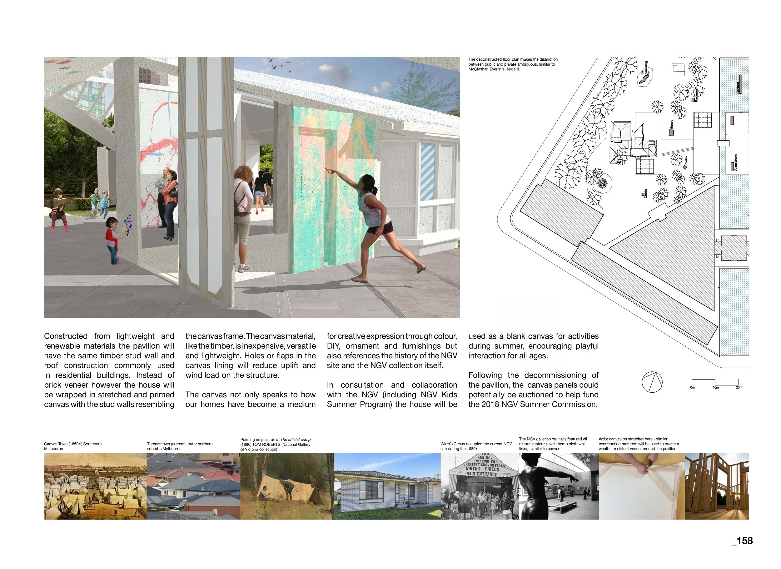 A conceptual architectural rendering of a pavilion with lightweight, colored canvas walls, surrounded by trees and people including children and adults engaging in outdoor activities. The scene includes a blue sky with clouds, some birds, and a citys