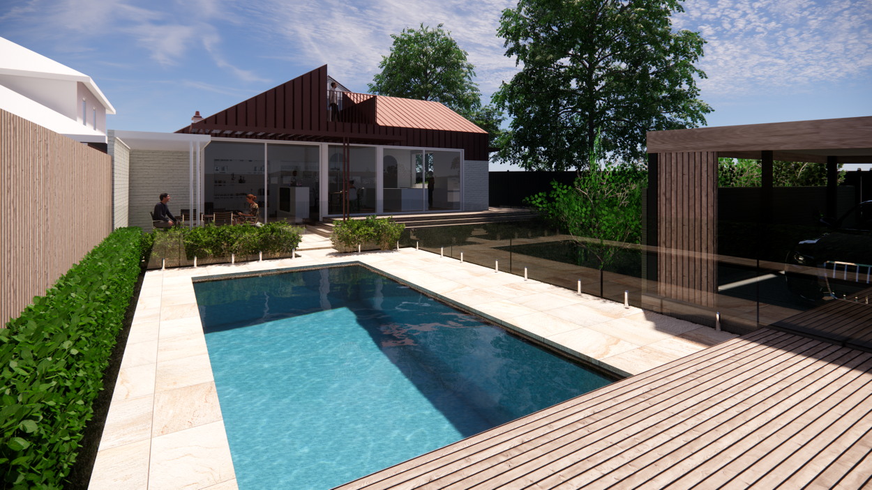 Modern backyard with a swimming pool, wooden deck, surrounding greenery, and an outdoor seating area with two people sitting on chairs.