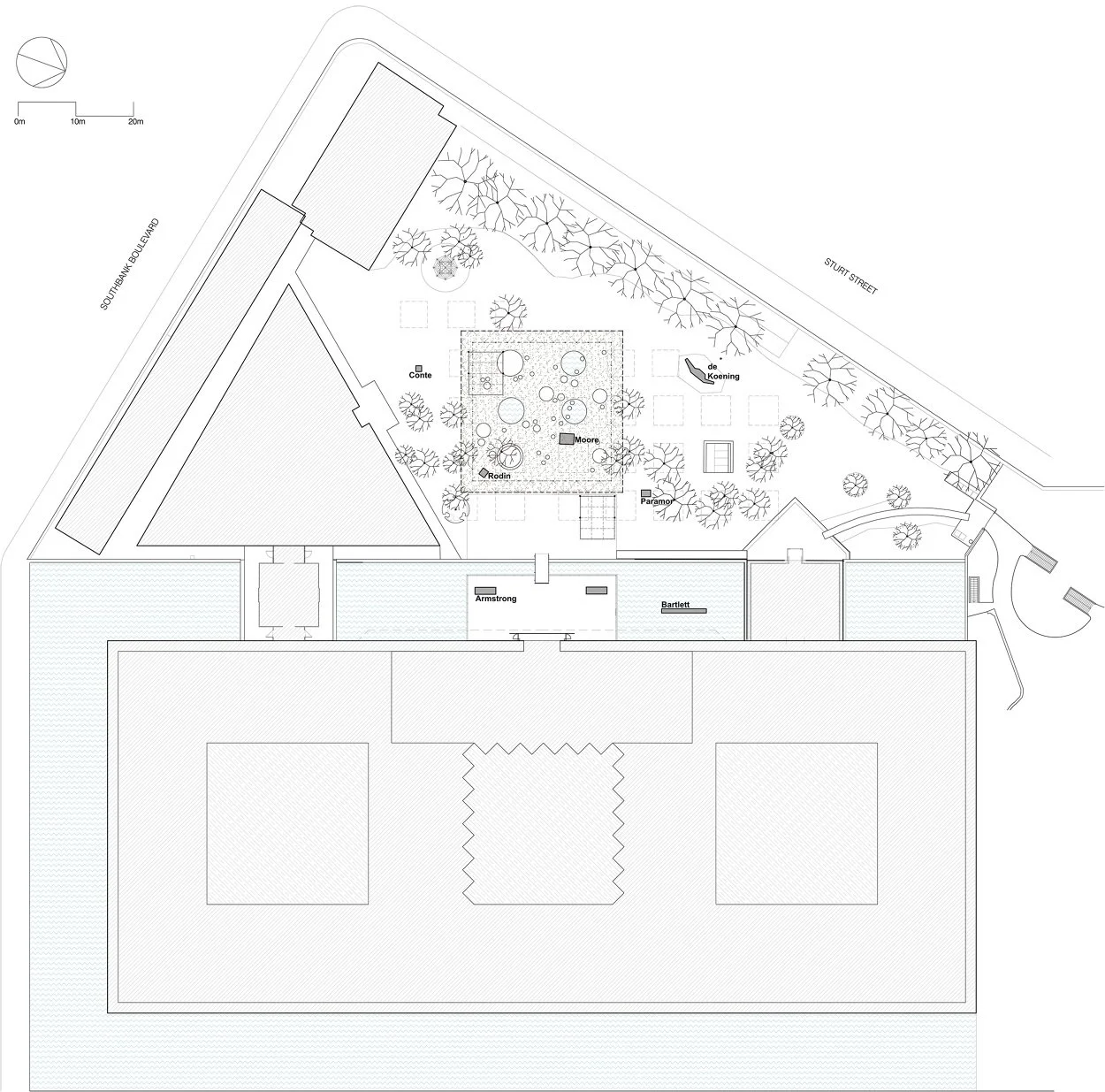 A detailed architectural site plan showing the layout of a building and its surrounding outdoor area, including trees, pathways, and labeled sections with names like Conte, Moore, Rodin, and Armstrong.
