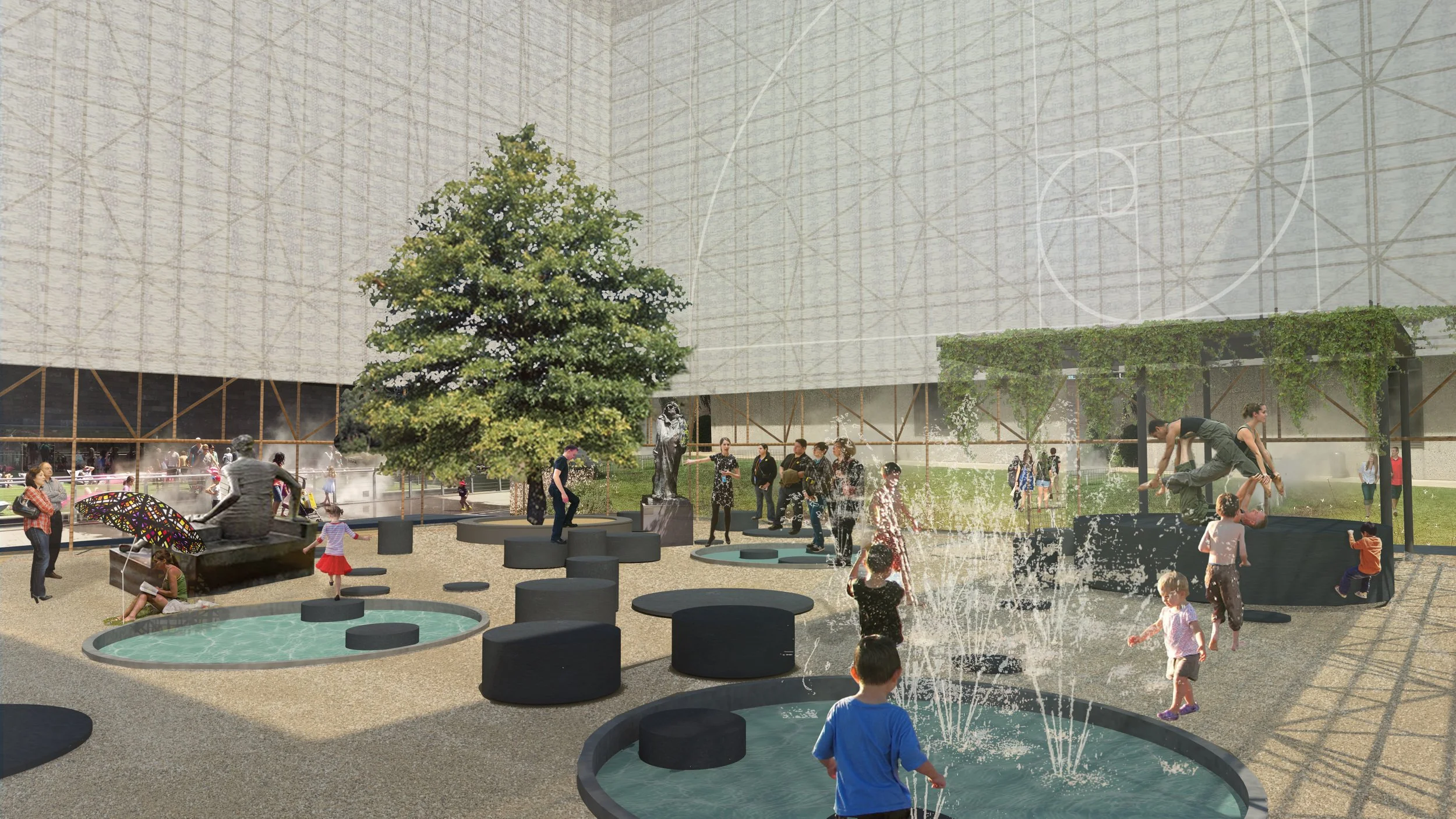 Urban park with fountains and greenery, featuring children and adults playing, walking, and relaxing under modern architecture with large, textured walls and a grid-like ceiling structure.