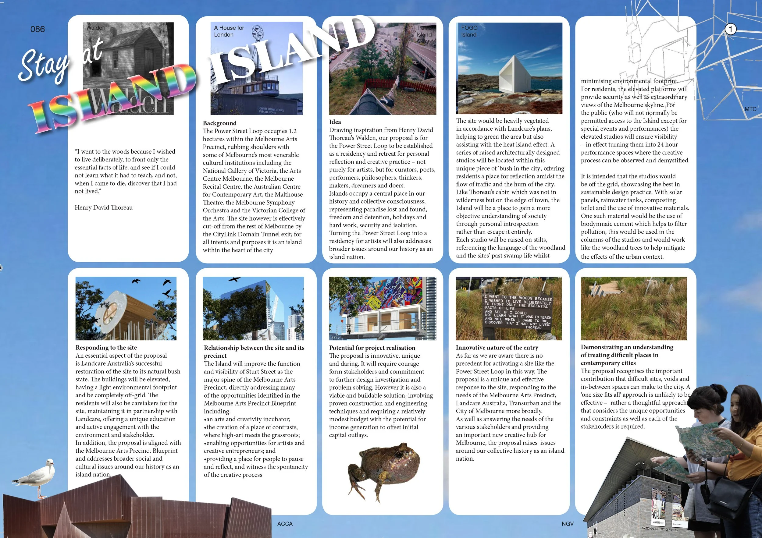 A detailed landscape architecture and urban planning poster with multiple columns of text and images. The posters discuss concepts for island development, including environmental sustainability, site proposals, and artistic inspiration. Several image