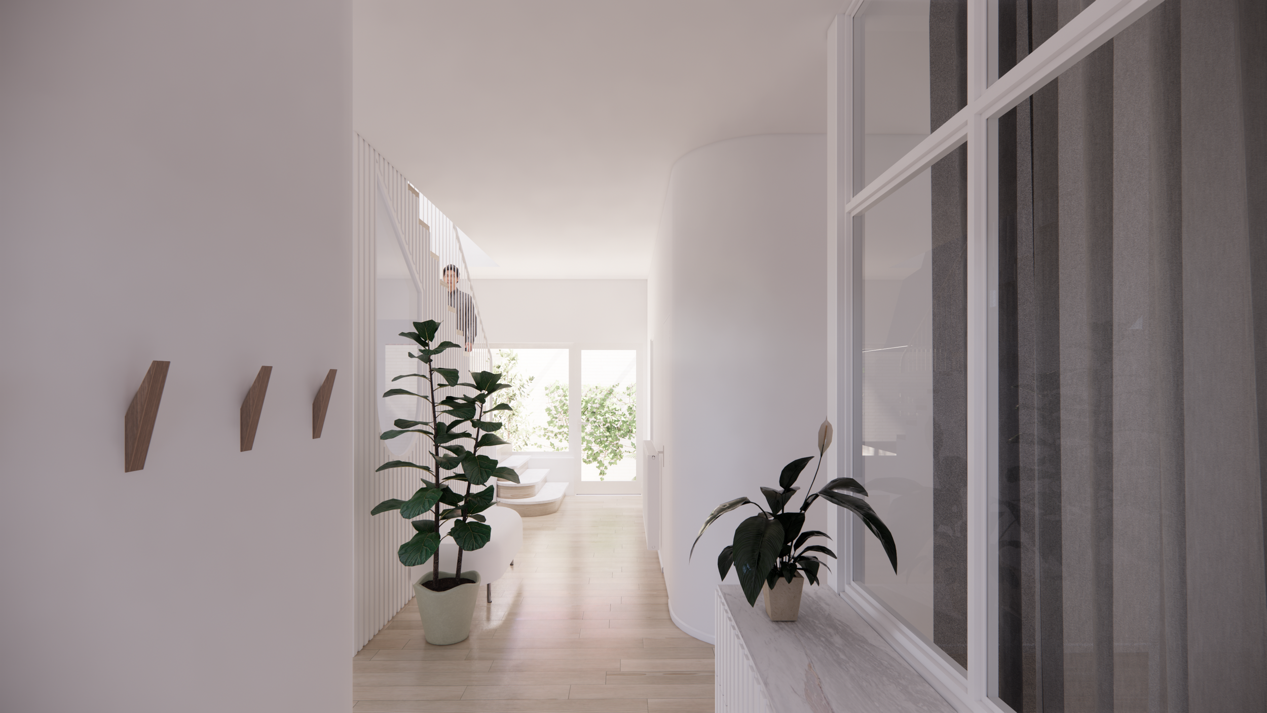 Interior view of a modern hallway with white walls, wooden hooks on the left wall, potted plants, large windows, and a staircase leading to the upper floor.