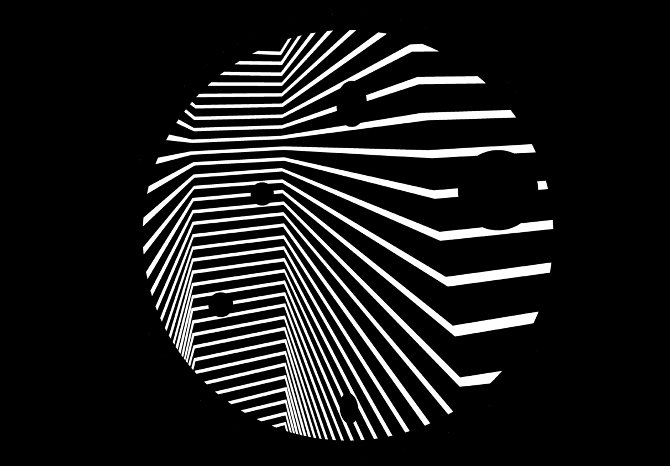 Black background with a spherical shape made of white horizontal lines and dots creating a 3D optical illusion.