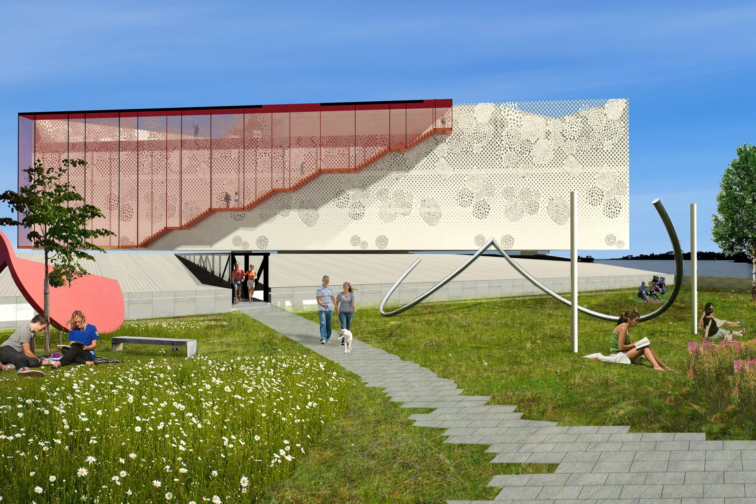 Modern building with red glass exterior and a perforated white wall, situated in a park with people walking, sitting, and relaxing on the grass, surrounded by trees and flowers, under a blue sky.