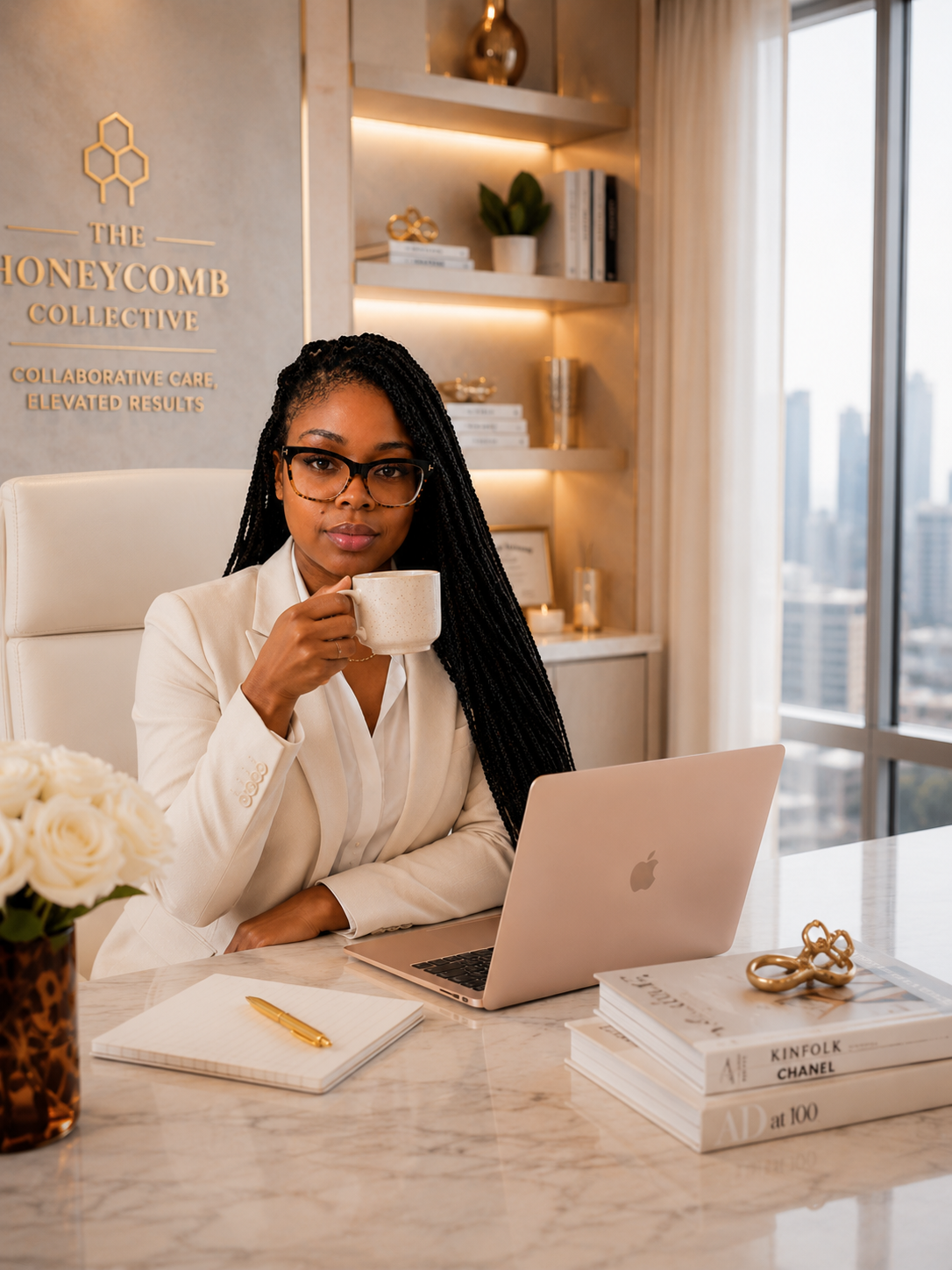 A woman with long braided hair and glasses, dressed in a white blazer, sitting at a desk in a modern office, holding a mug. The desk has a laptop, a notepad with a gold pen, and a vase of white roses. Behind her, there are shelves with books, decorative items, and a window with a city view. On the wall, there is a sign that reads 'The Honeycomb Collective - Collaborative Care, Elevated Results.'