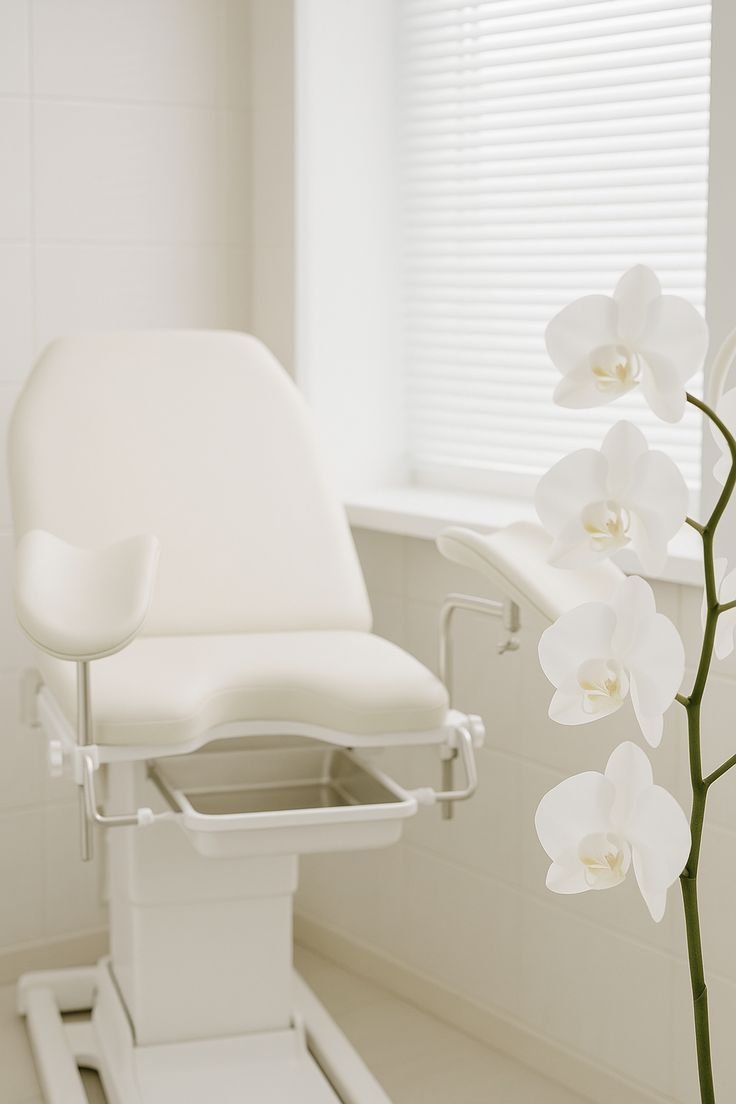 A white medical examination chair with arm supports and a footrest in a bright room with white walls and blinds, and a white orchid flower in the foreground.