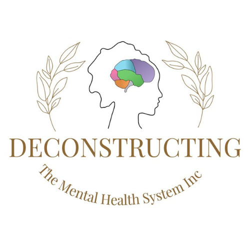 A logo for Deconstructing The Mental Health System Inc, featuring a silhouette of a person's profile with an outline of a brain divided into colorful sections, with decorative leaves on each side.