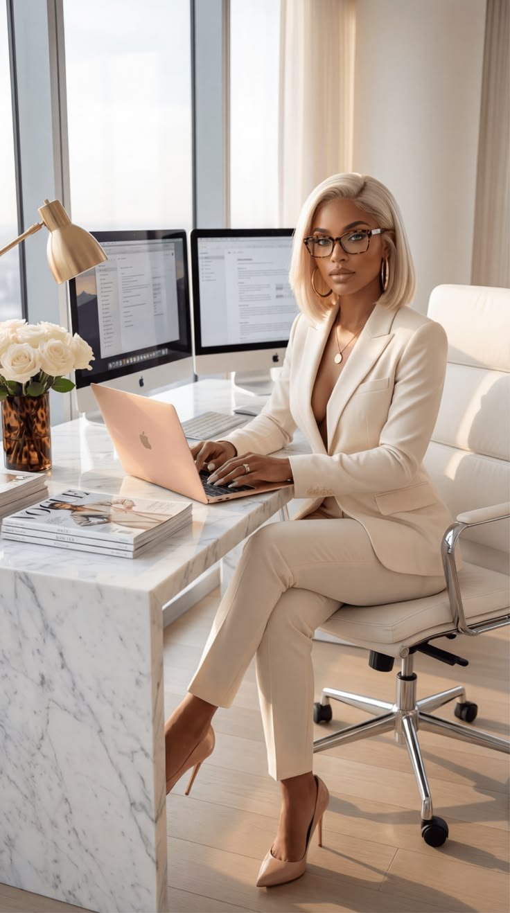 A professional woman with blonde hair, glasses, and jewelry sitting at a desk with a pink laptop, two monitors, a vase with white roses, and magazines in a modern office with large windows.