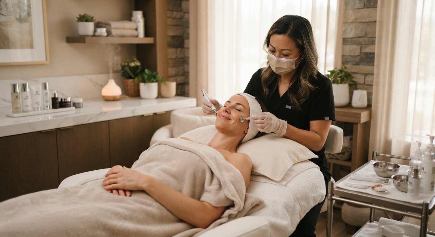 Esthetician wearing a mask performs a facial treatment on a reclining client at a spa.
