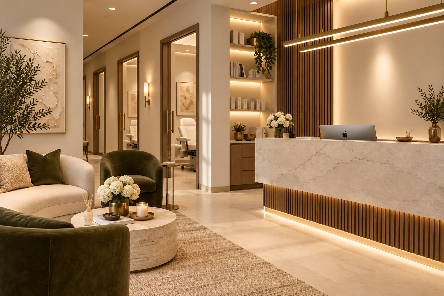 Luxurious modern wellness clinic reception with marble desk, laptop, illuminated shelves, lounge seating, plants, and treatment rooms