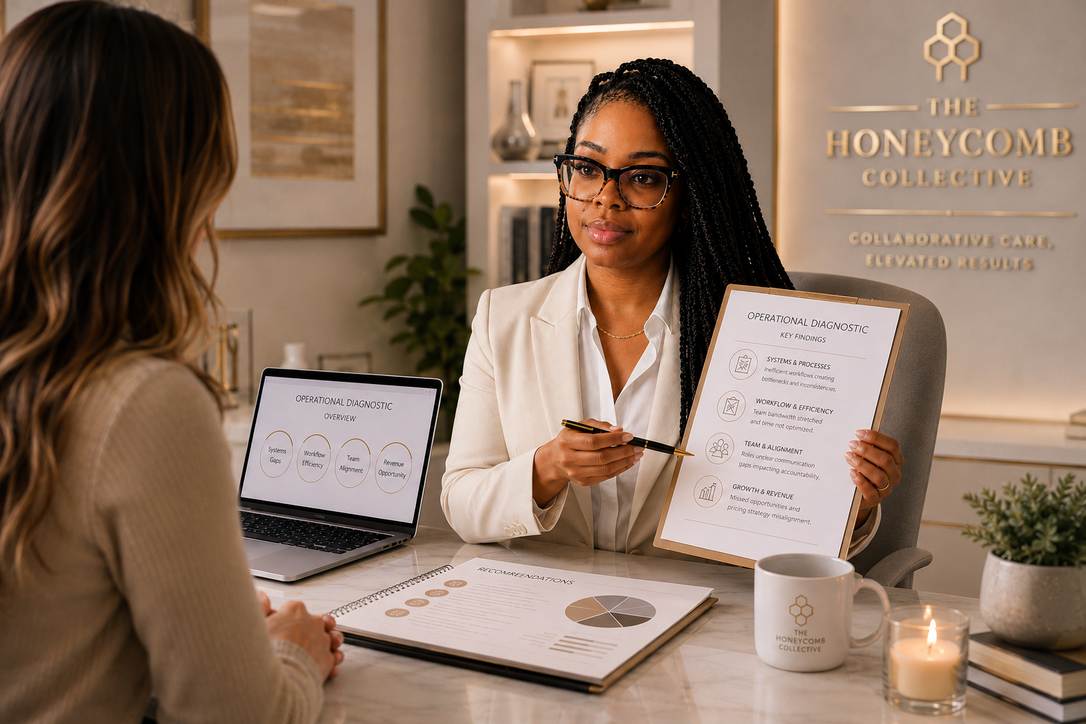 Businesswoman with glasses and braids presenting operational diagnostic information in an office to a client.