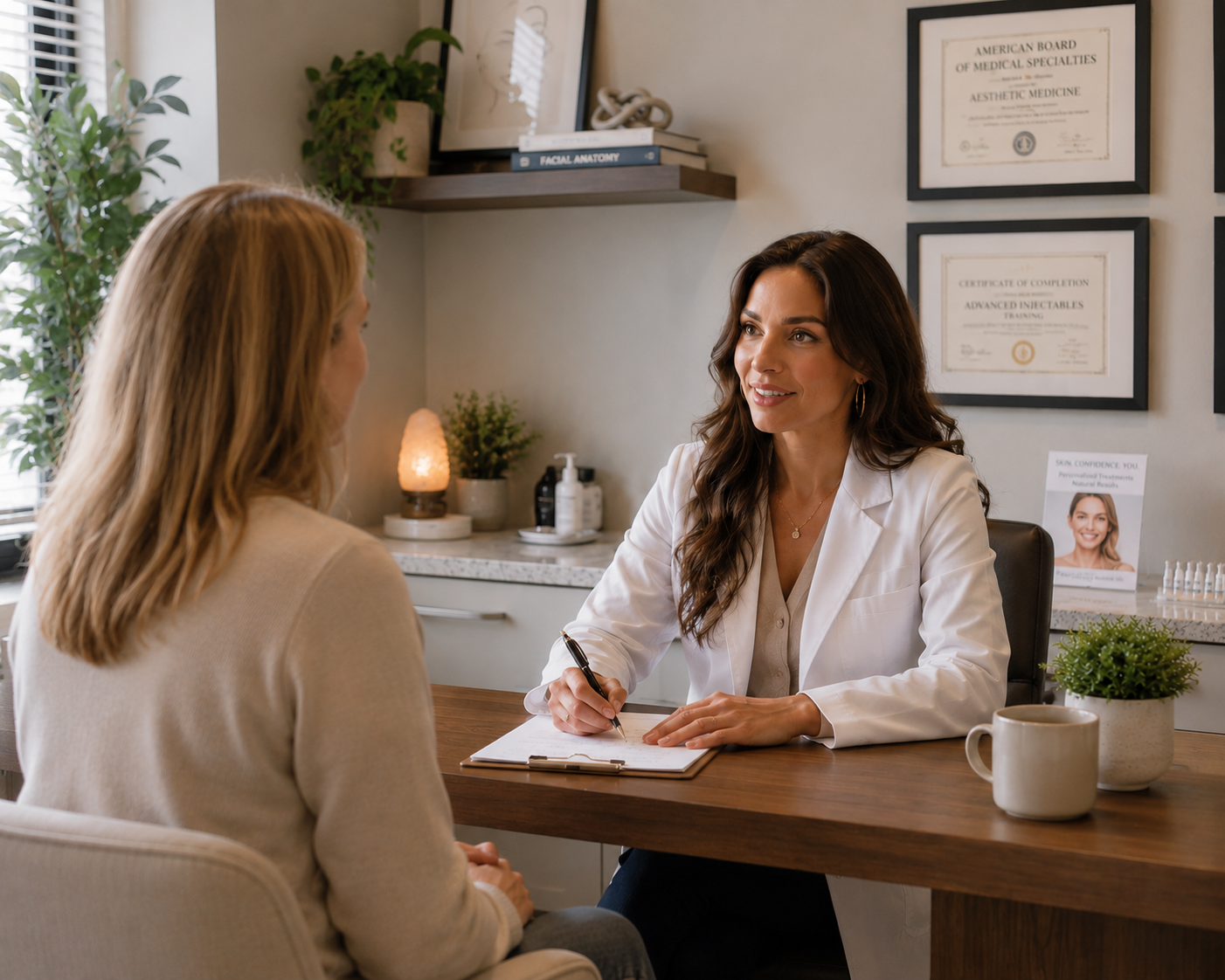 A female doctor with long brown hair sitting at a desk and talking to a female patient with blonde hair in a beige sweater in a medical office. The doctor is wearing a white coat and holding a pen, with a notepad in front of her. The office has framed medical certificates on the wall, a potted plant, and a few decorative items on the counter.